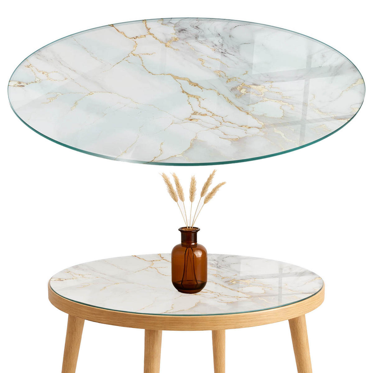 TISCHPLATTE fi70 cm Eleganter Marmor mit Adern - Weiß, Glas (0.4/70/70cm) - TULUP