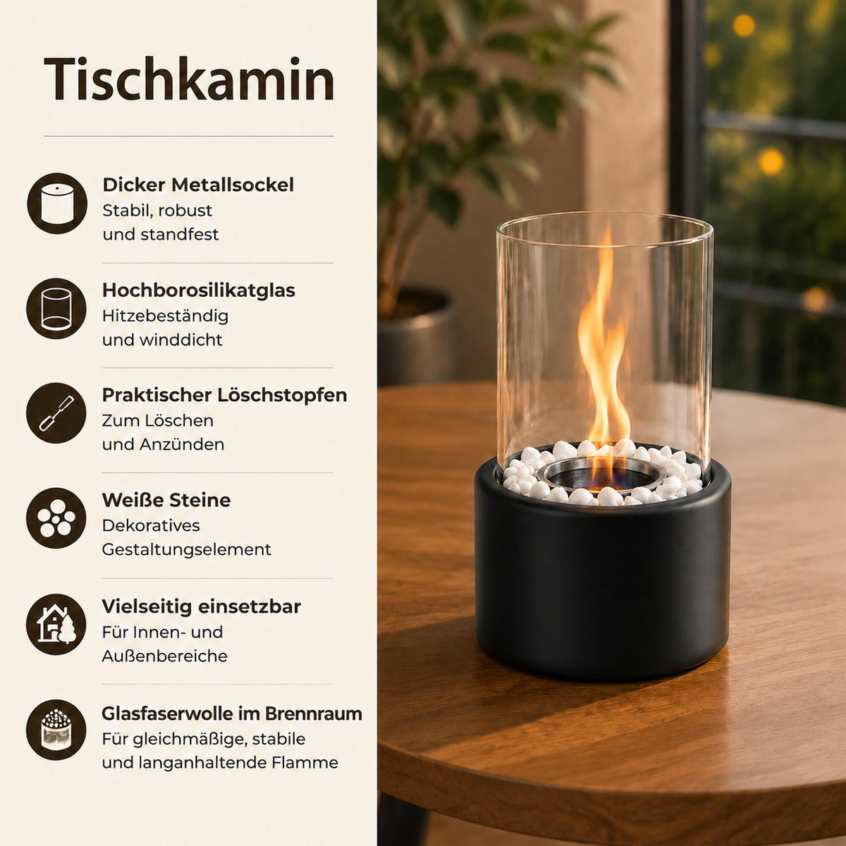 TISCHKAMIN Eryxvar 12.3/9.9/21 cm - Schwarz, Glas/Metall (9.9/21/12.3cm) - ZMH