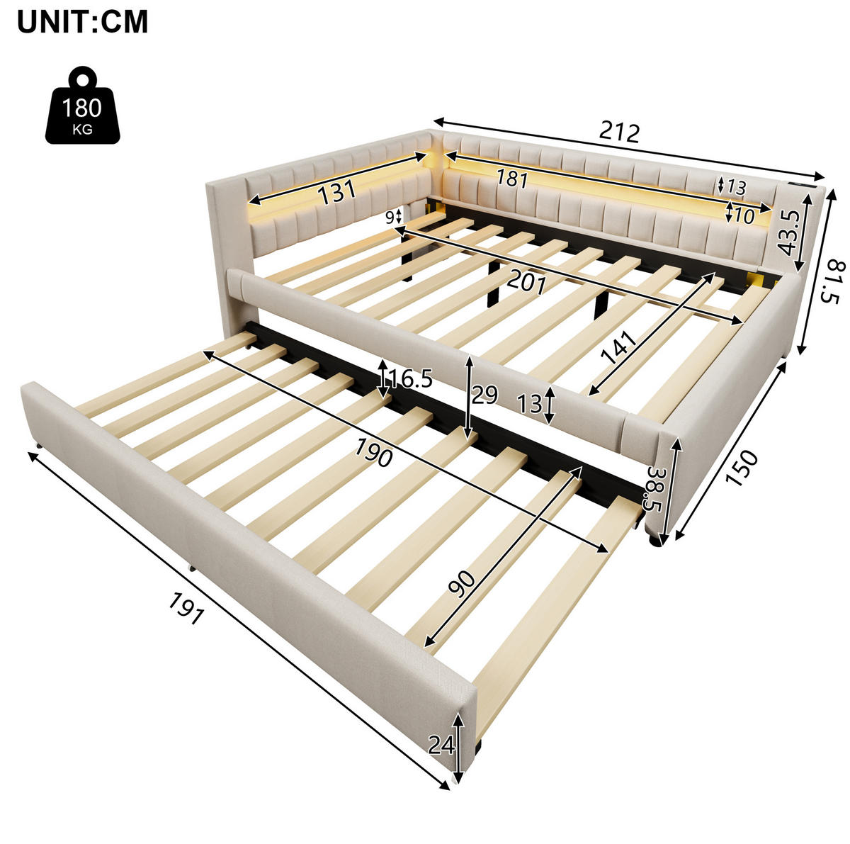 POLSTERBETT aus Leinen und MDF 140x200 cm in Beige mit LED & Ausziehbett - Beige, Textil (140/200cm) - Modfu