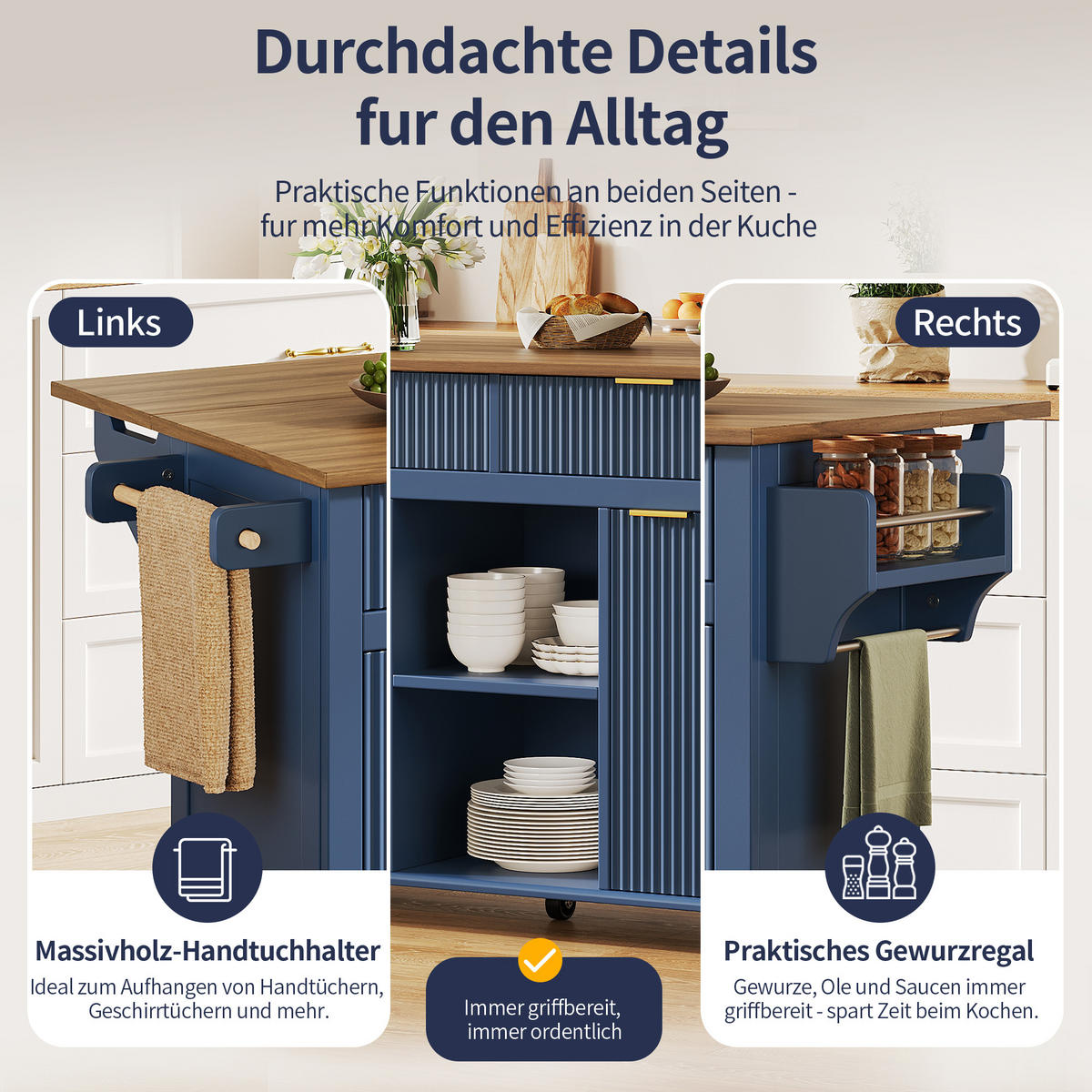 KÜCHENINSEL auf Rollen 143/45/89.5 cm Blau mit klappbarer Arbeitsplatte, 2 Schubladen und Stauraum - Blau, Holz/Holzwerkstoff (45/89.5/143cm) - Oxeza