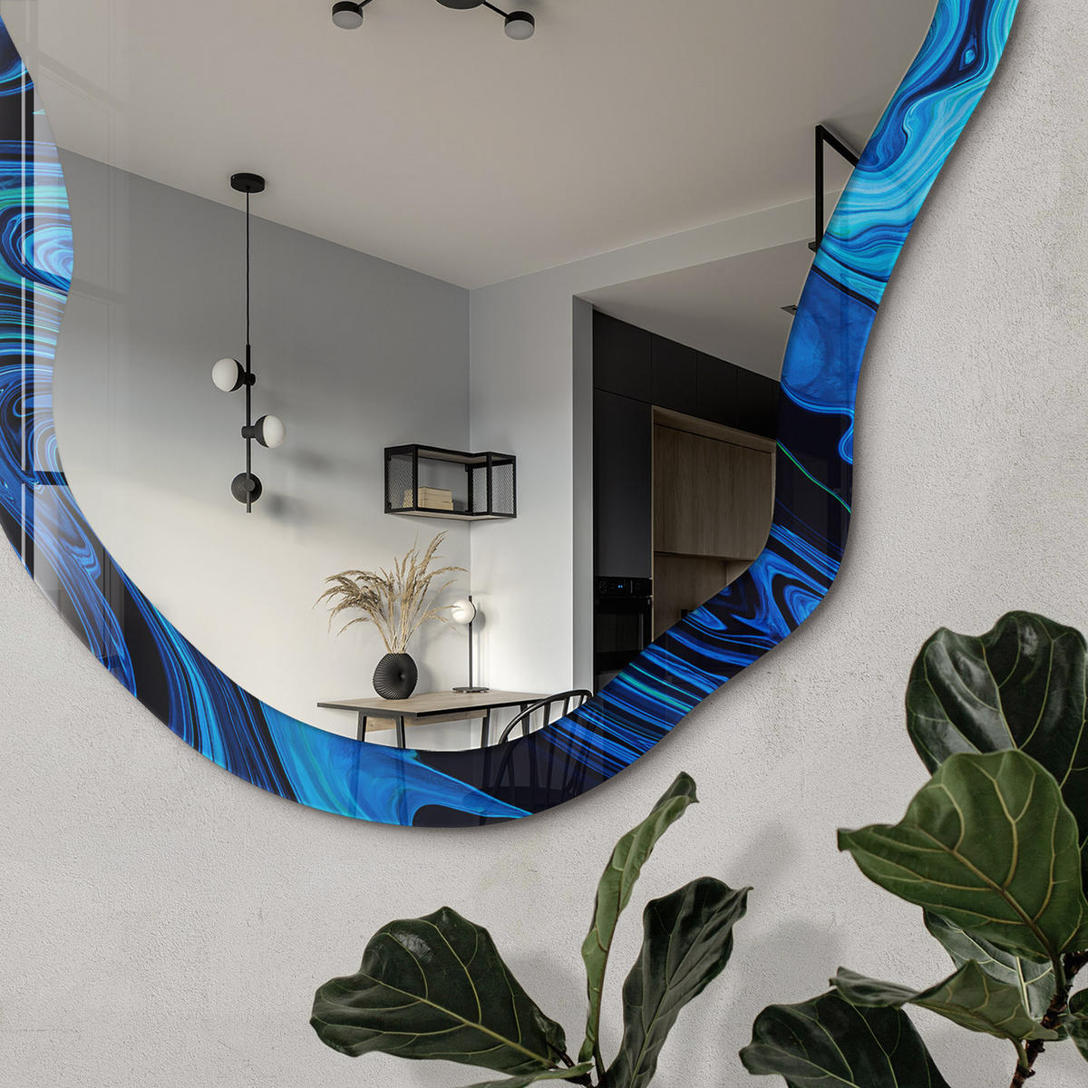 SPIEGEL 90x45 cm asymmetrisch mit Druck - Blaue Abstraktion - Transparent, Glas (45/90/0.4cm) - TULUP