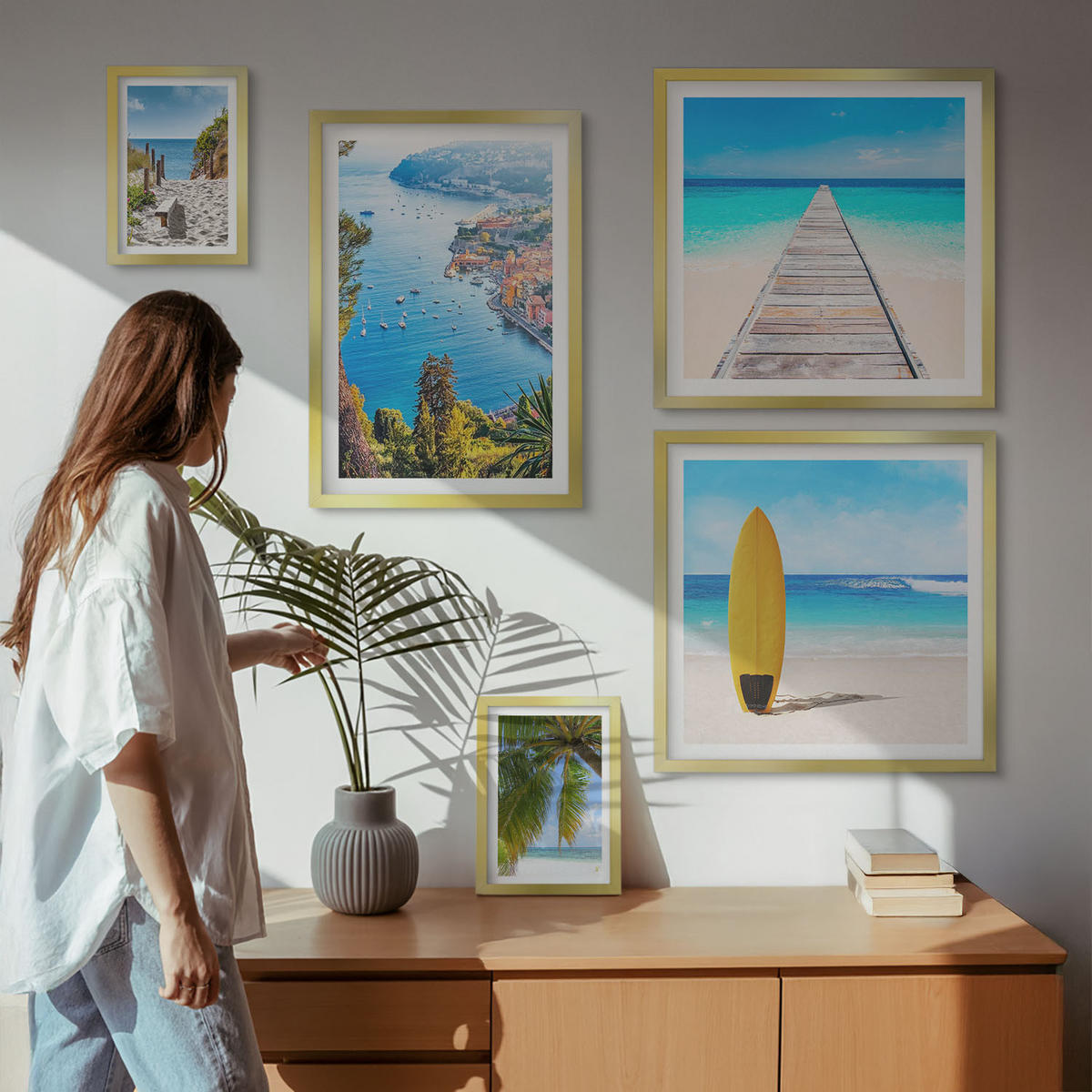 WANDBILDER 5er Set - 50x50 cm & 20x30 cm & 40x60 cm Goldrahmen - Urlaubsblick Strand Palmen - Goldfarben, Kunststoff (40/60cm) - ArtPrintCave