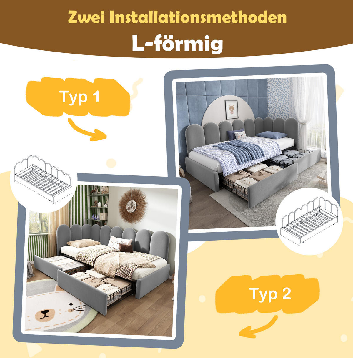 POLSTERBETT 90/190 cm aus Samt mit 2 Schubladen und variabel montierbarer L-Form Grau - Grau, Textil (90/190cm) - Modenvie