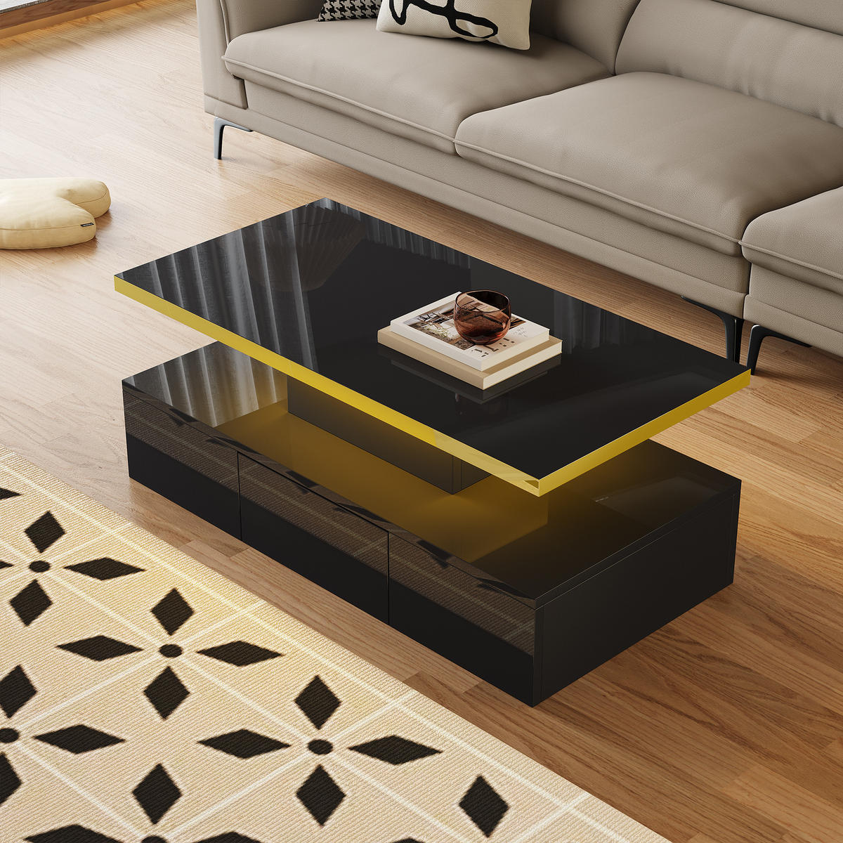 COUCHTISCH, Hochglanz Schwarz mit 2 Ebenen und integrierter Schublade, platzsparendes Design, 100/50/39 cm，Schwarz - Schwarz, Holzwerkstoff (100/50/39cm) - Redom