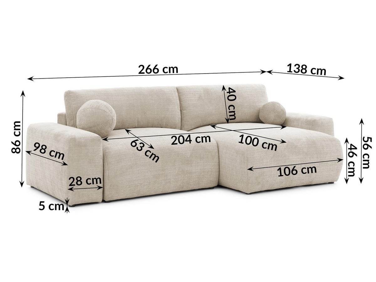 ECKSOFA Puffy mit Schlaffunktion und Bettkasten - besonders weich und puffig aus Beige Chenille-Stoff - Ottomane rechts - Beige/Creme, Holz/Kunststoff (266/138cm) - S-Style Möbel