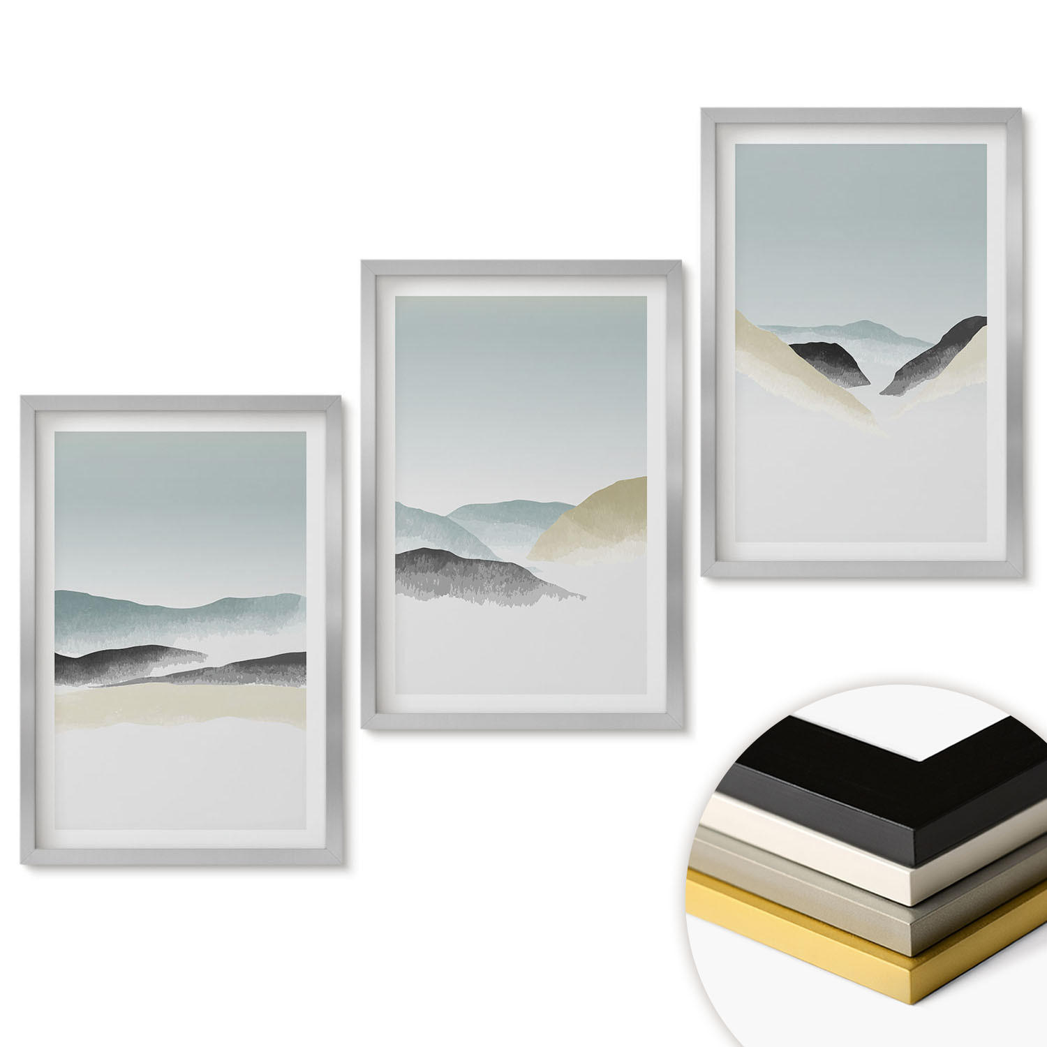 WANDBILDER 3er Set - 40x60 cm Silberner Rahmen - Minimalistische Pastellberge - Silberfarben, Kunststoff (40/60cm) - ArtPrintCave