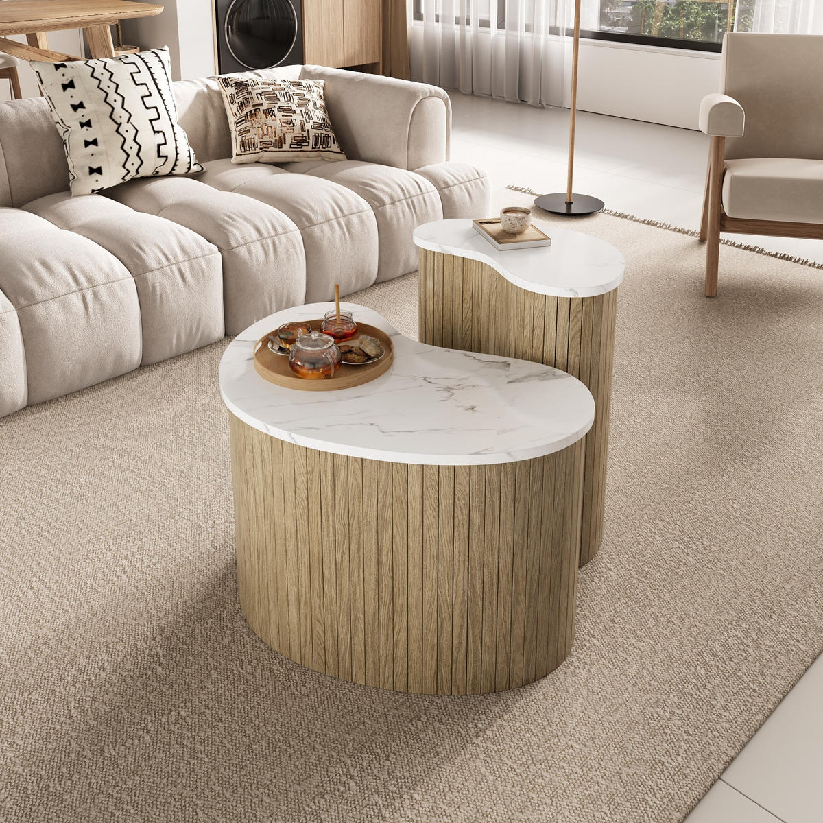 COUCHTISCH in Weiß und Naturfarben Wohnzimmertisch mit Marmormaserung und Holzoptik, B60/T37/H38cm und B40/T25/H50cm - Weiß/Naturfarben, Holzwerkstoff (37/60/50cm) - STILVORA