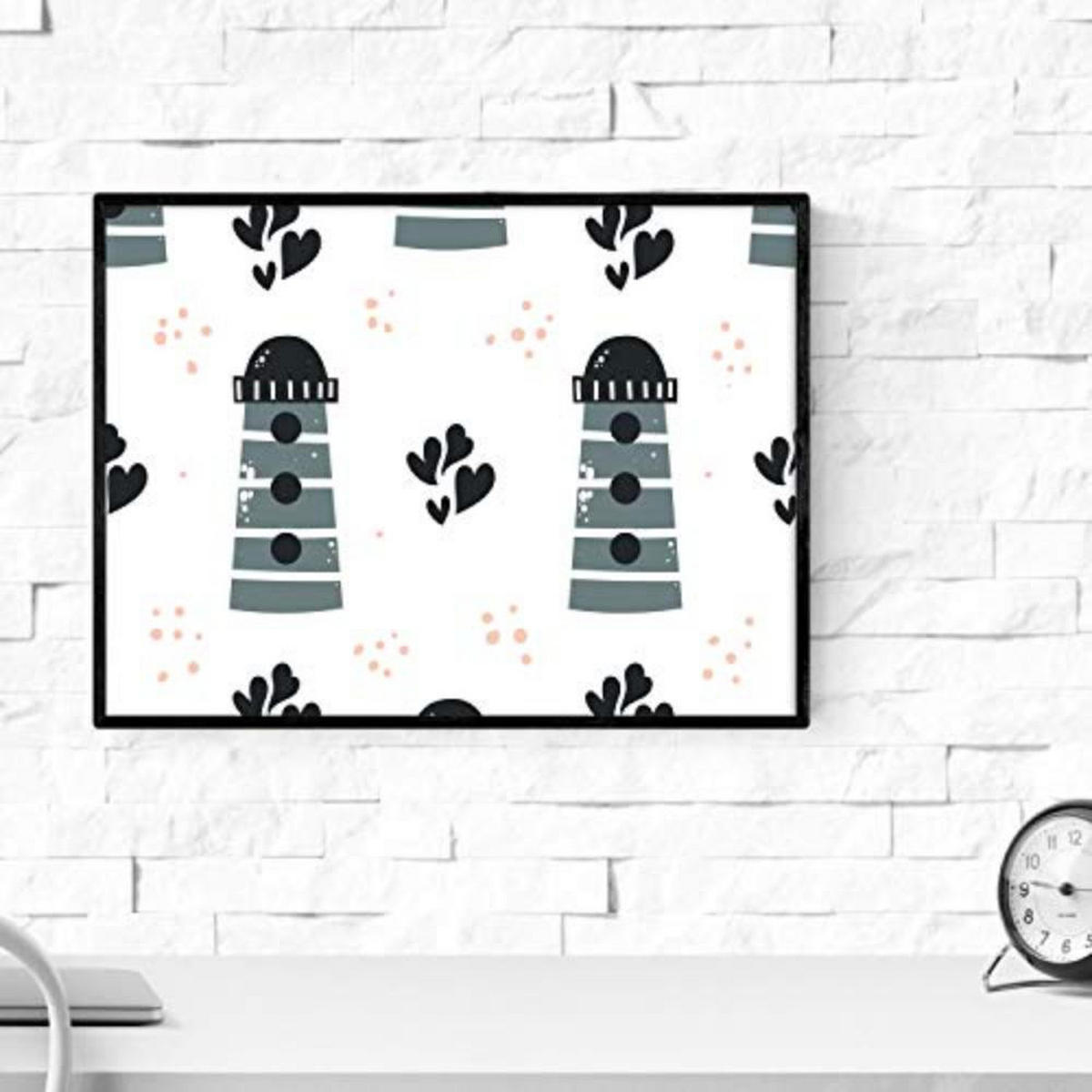 POSTER Set mit 4 Grauwal Orange Leuchtturm und Seestern A3 Schwarzer Rahmen - Schwarz, Papier (29.7/3cm) - Nacnic