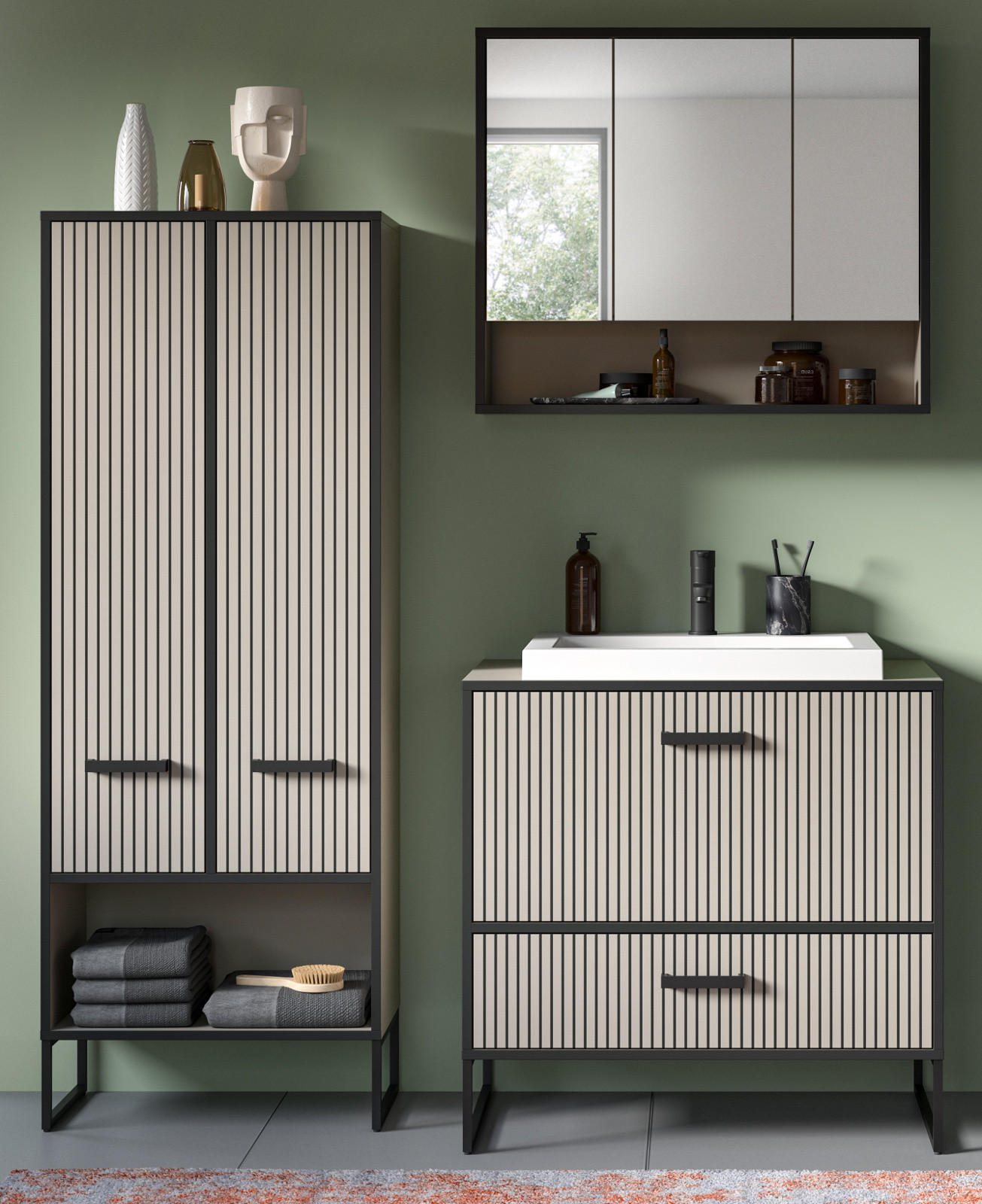 BADMÖBEL-SET schwarz, sand mit Waschbecken 154 cm, Kombination mit Soft-Close - Sandfarben/Schwarz, Glas/Keramik (154/192/48cm) - Inn.Furn