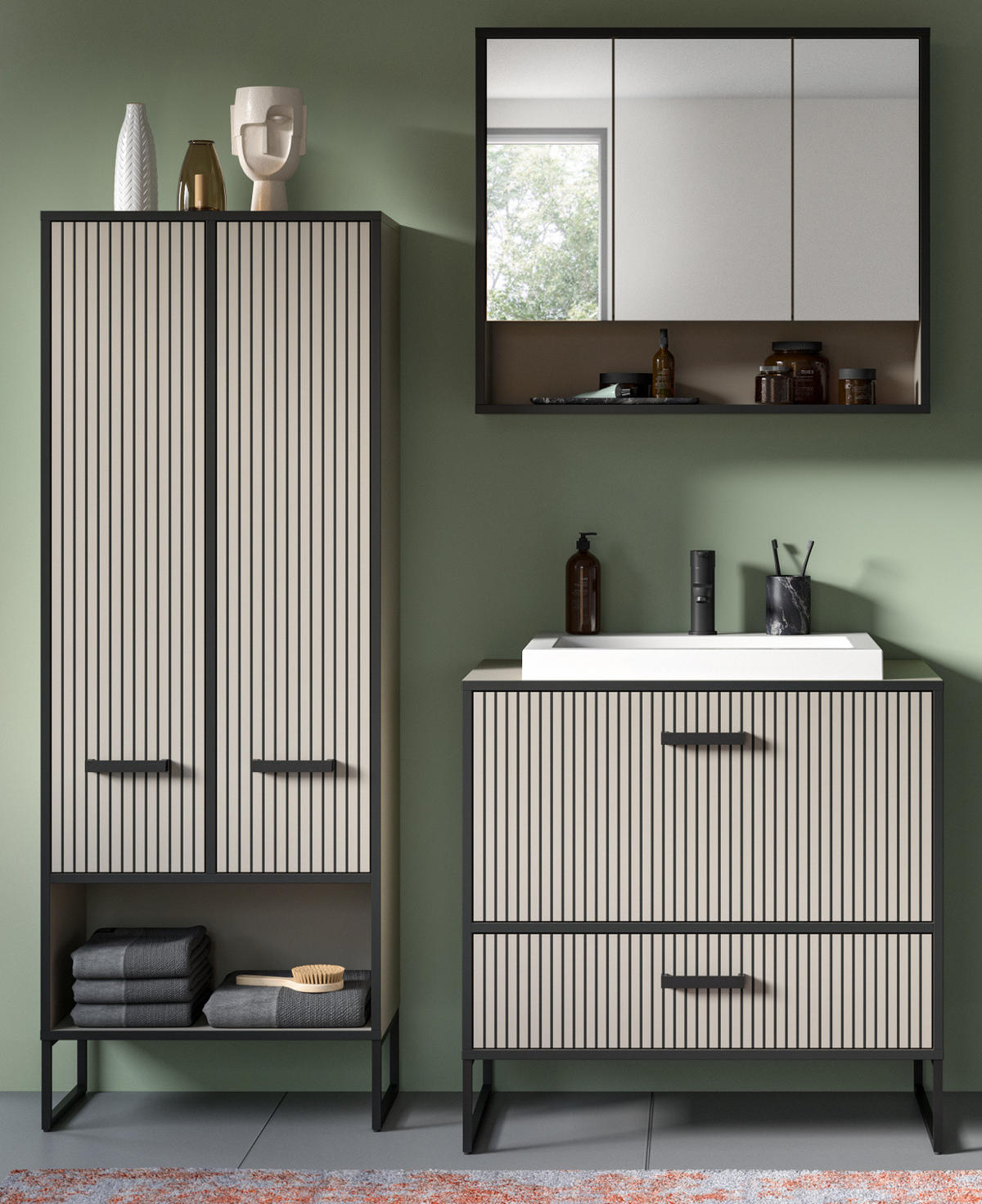 BADMÖBEL-SET schwarz, sand mit Waschbecken 154 cm, Kombination mit Soft-Close - Sandfarben/Schwarz, Glas/Keramik (154/192/48cm) - Inn.Furn
