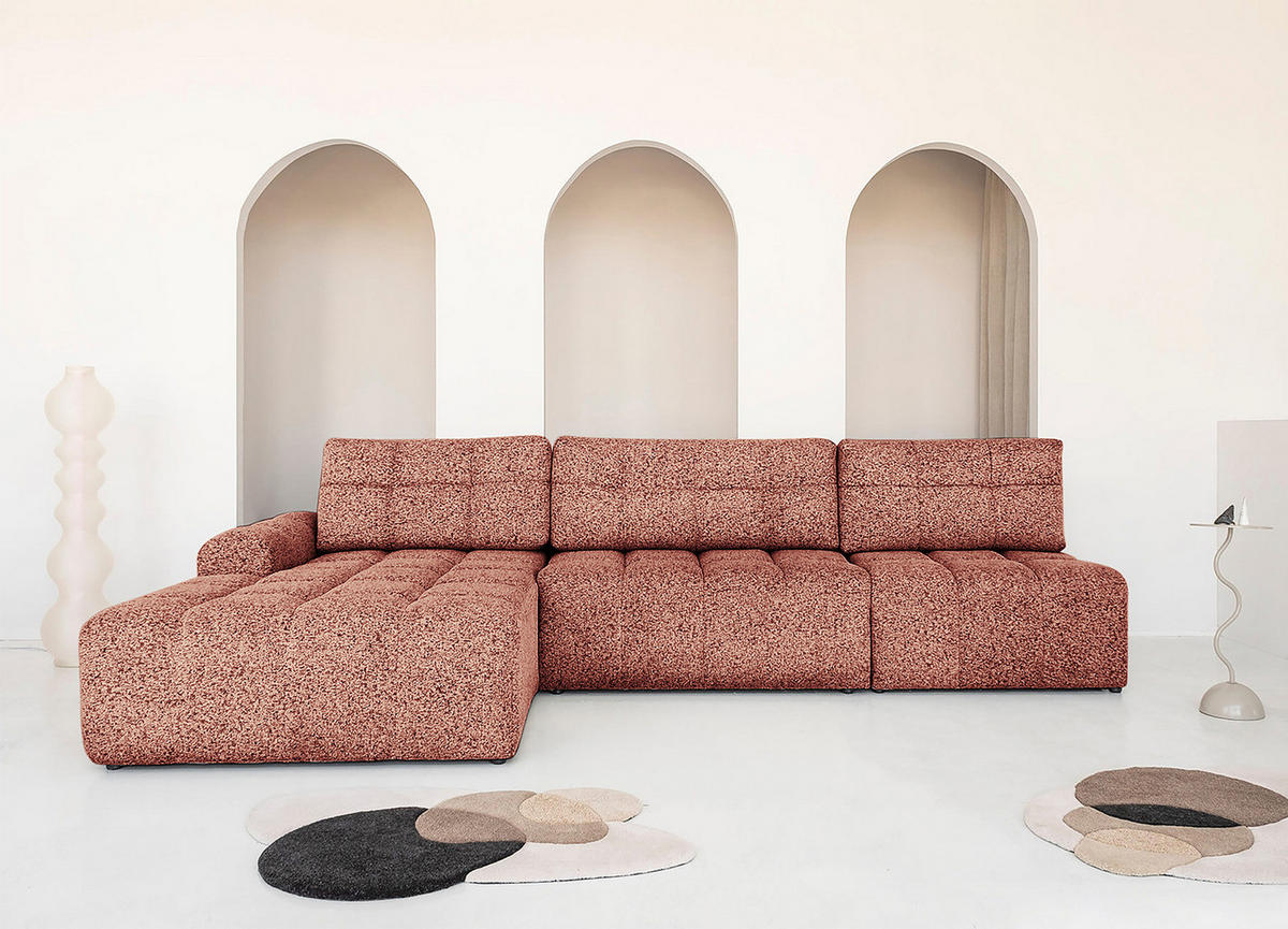 ECKSOFA mit Schlaffunktion - Strukturstoff - Beige/Rot, Kunststoff/Textil (338/184cm) - home24