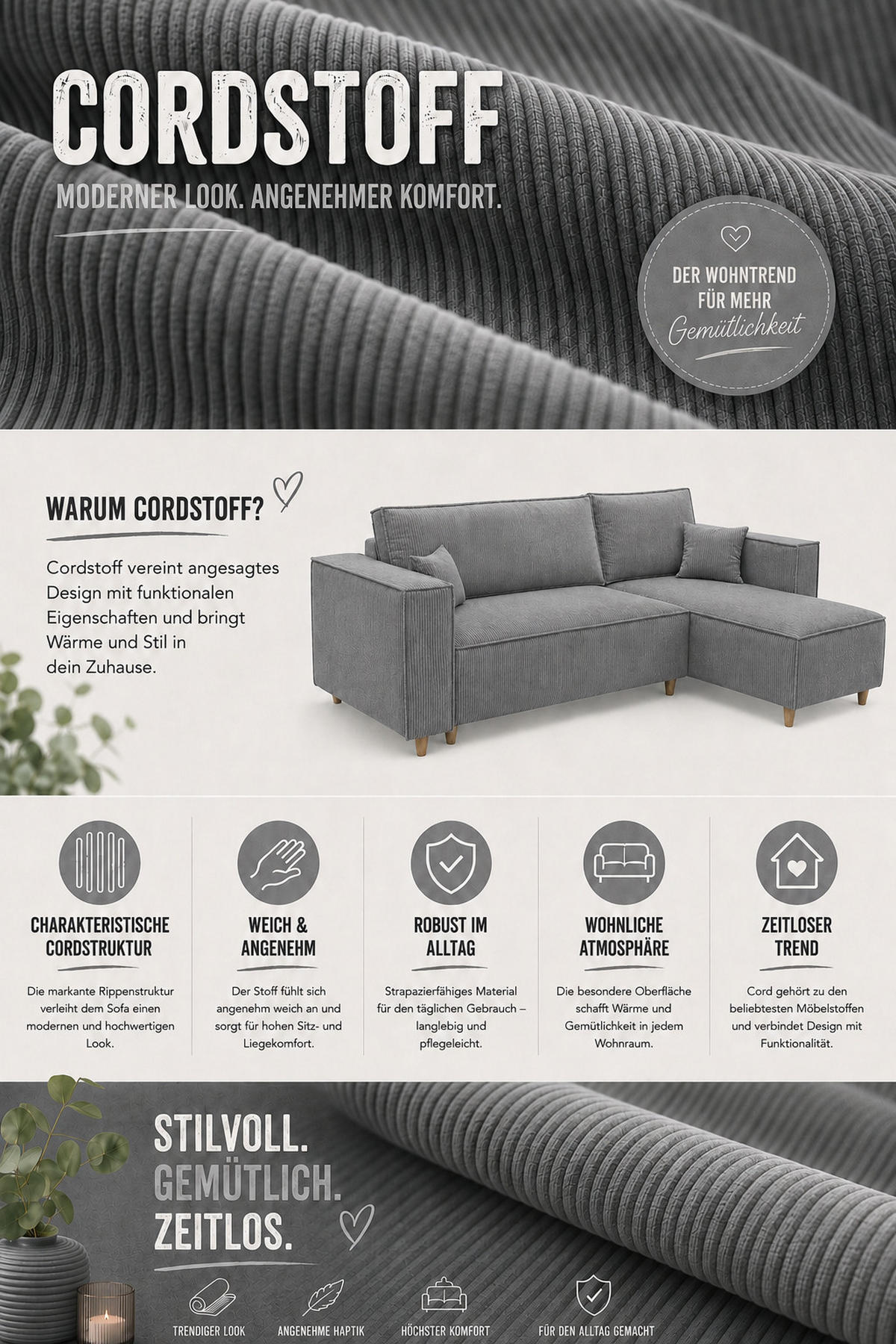 ECKSOFA mit Schlaffunktion und Bettkasten Rio, Ecksofa Cordstoff Hellgrau, Ottomane Universal, 249x142 cm - Hellgrau, Textil (249/142cm) - Marpur