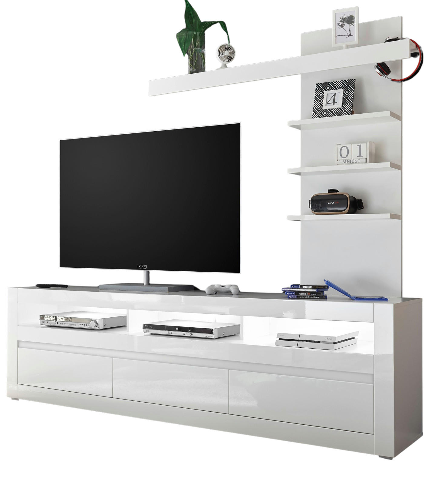 Furn.Design Wohnwand Weiß, Weiß Hochglanz, Grau 217x163x42 cm