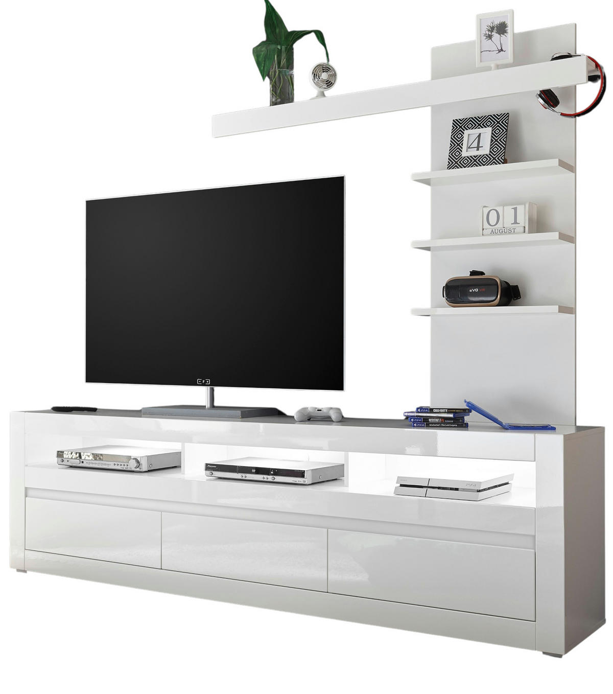 LOWBOARD Hochglanz weiß, Set 2-tlg. inklusive Paneel, TV Unterschrank Soft-Close - Weiß Hochglanz/Weiß, Holzwerkstoff/Kunststoff (217/163/42cm) - Furn.Design