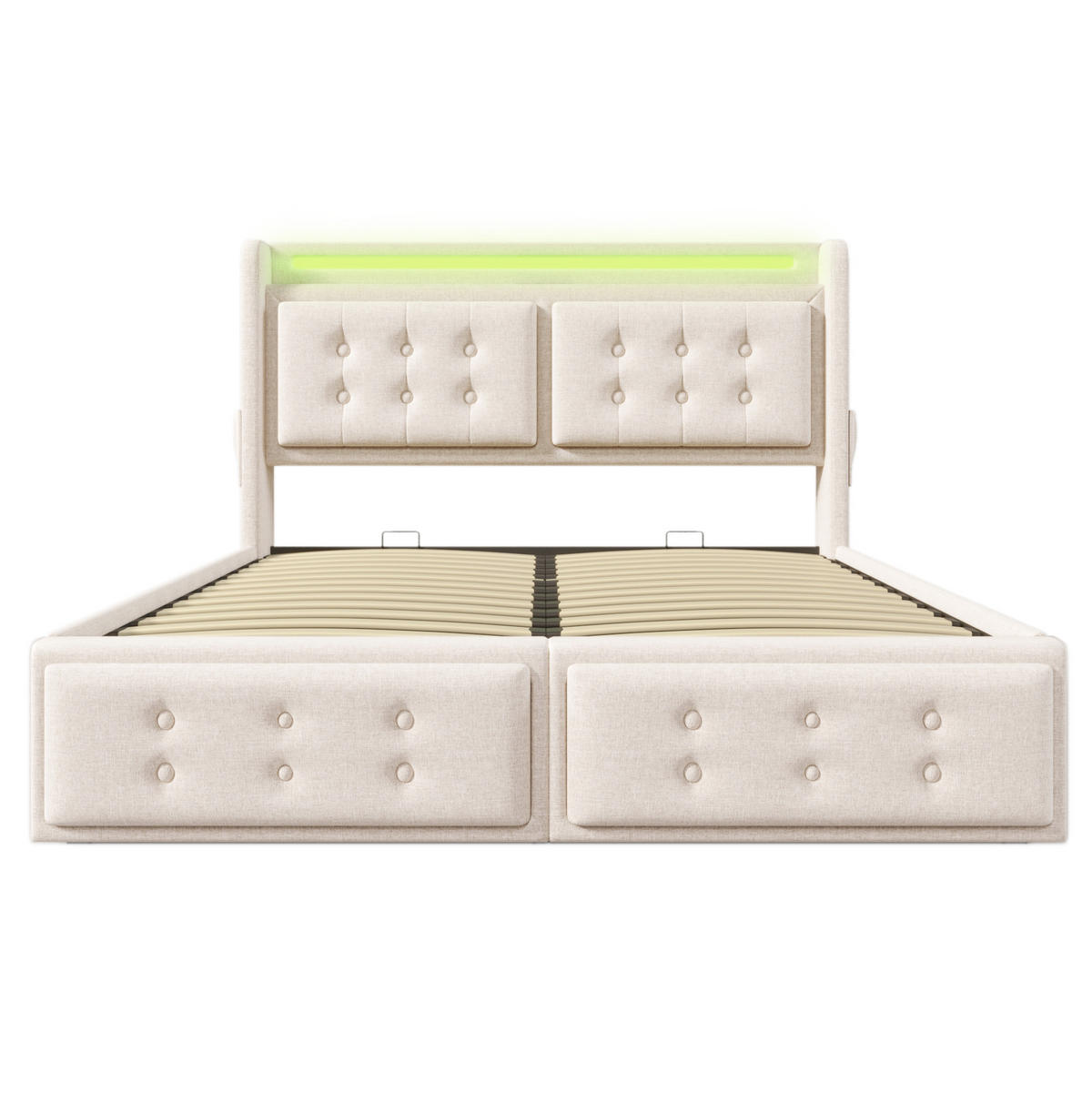 POLSTERBETT 140/200 cm mit LED-Beleuchtung, Steckdose, USB-C und Bettkasten, Baumwoll-Leinenstoff, Beige - Beige, Textil (140/200cm) - Redom