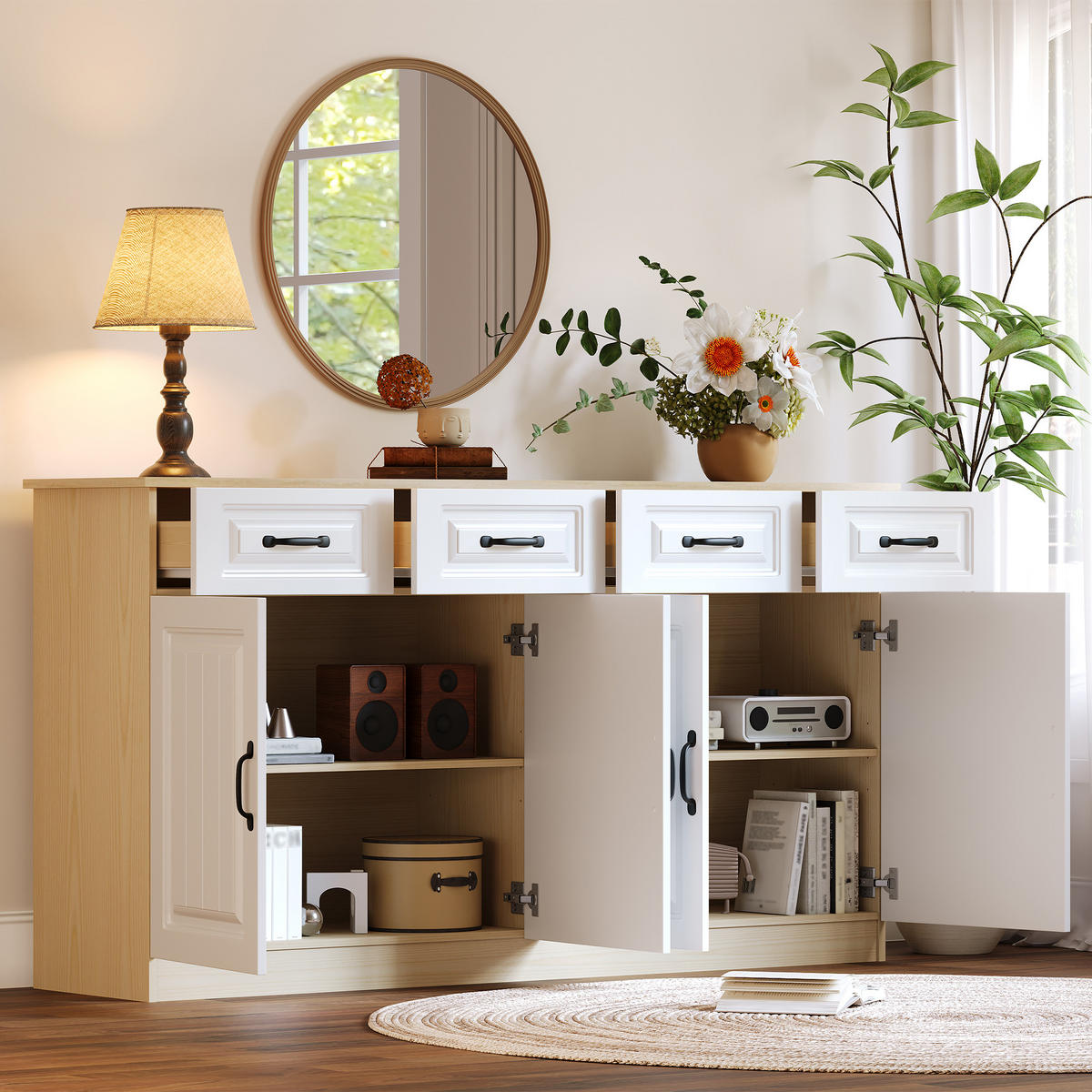 SIDEBOARD Kommode 4 Schubladen 4 Türen gerillt 160cm Weiß Natur - Multicolor, Holzwerkstoff (160/80/35cm) - FLIEKS