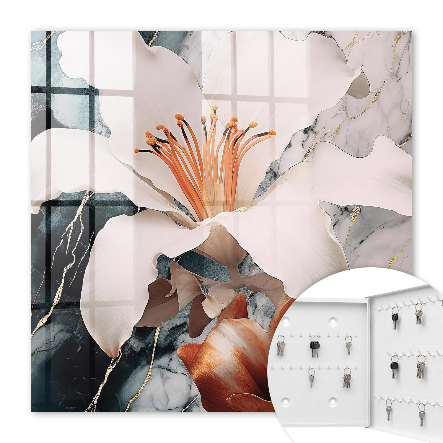 SCHLÜSSELBOX Weiß 30x30 cm – Türöffnung nach rechts - Florale Eleganz - Weiß, Metall (30/30/5cm) - TULUP