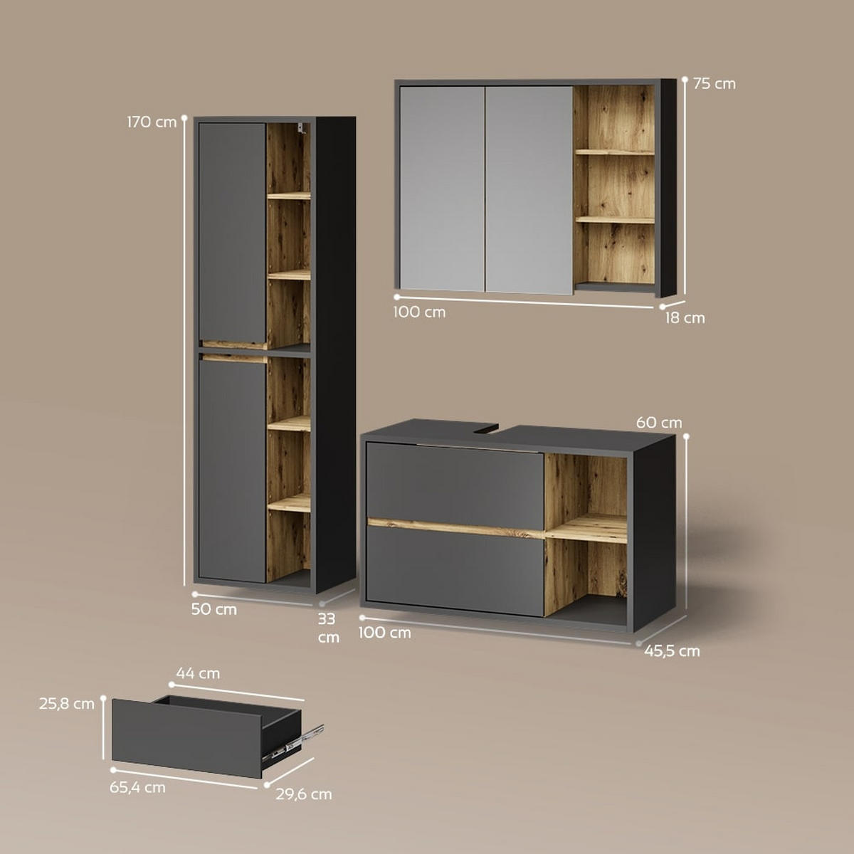 BADMÖBEL-SET Vomano Anthrazit 3 Teile - Eichefarben/Anthrazit, Holzwerkstoff (100/60/45cm) - Livinity®