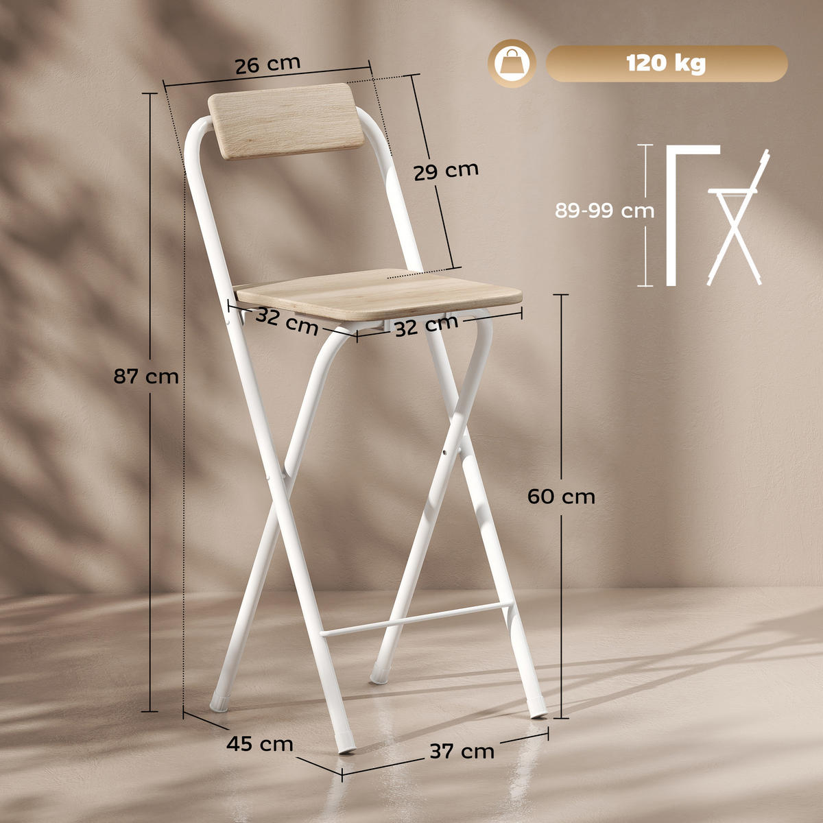 BARHOCKER 2er-Set DE-14766 klappbar mit Rückenlehne und Fußstütze Holzoptik - Naturfarben, Metall (37/87/45cm) - ComfortXL