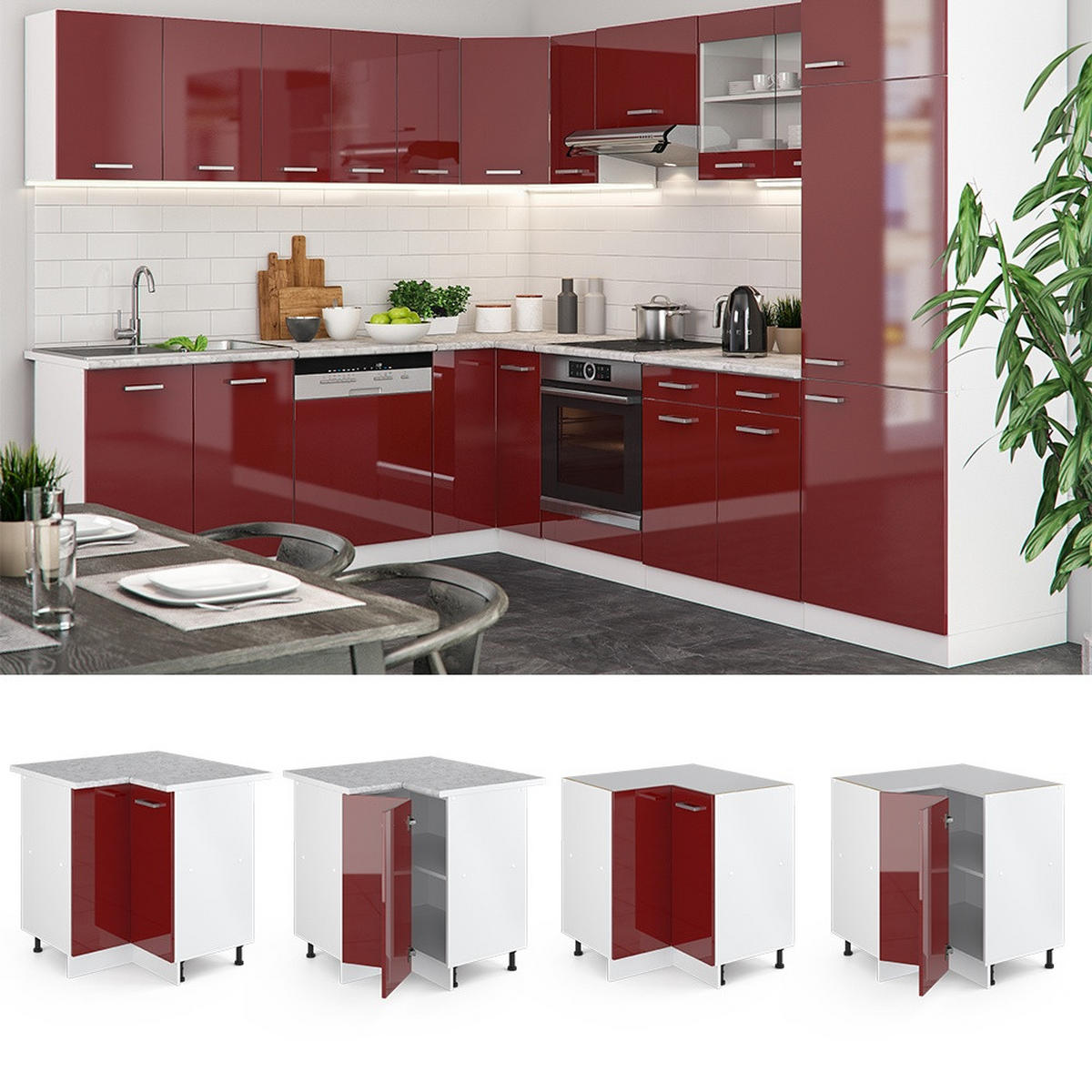ECKUNTERSCHRANK R-Line Rot Hochglanz 75.6 cm , AP Anthrazit - Rot/Weiß, Holzwerkstoff (75.6/81.6/60cm) - Vicco