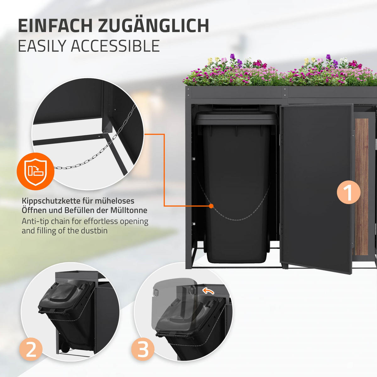 MÜLLTONNENBOX 2er mit Pflanzdach 240L Anthrazit-Holzoptik aus Stahl - Dunkelbraun, Metall (80/124/132cm) - ML-DESIGN