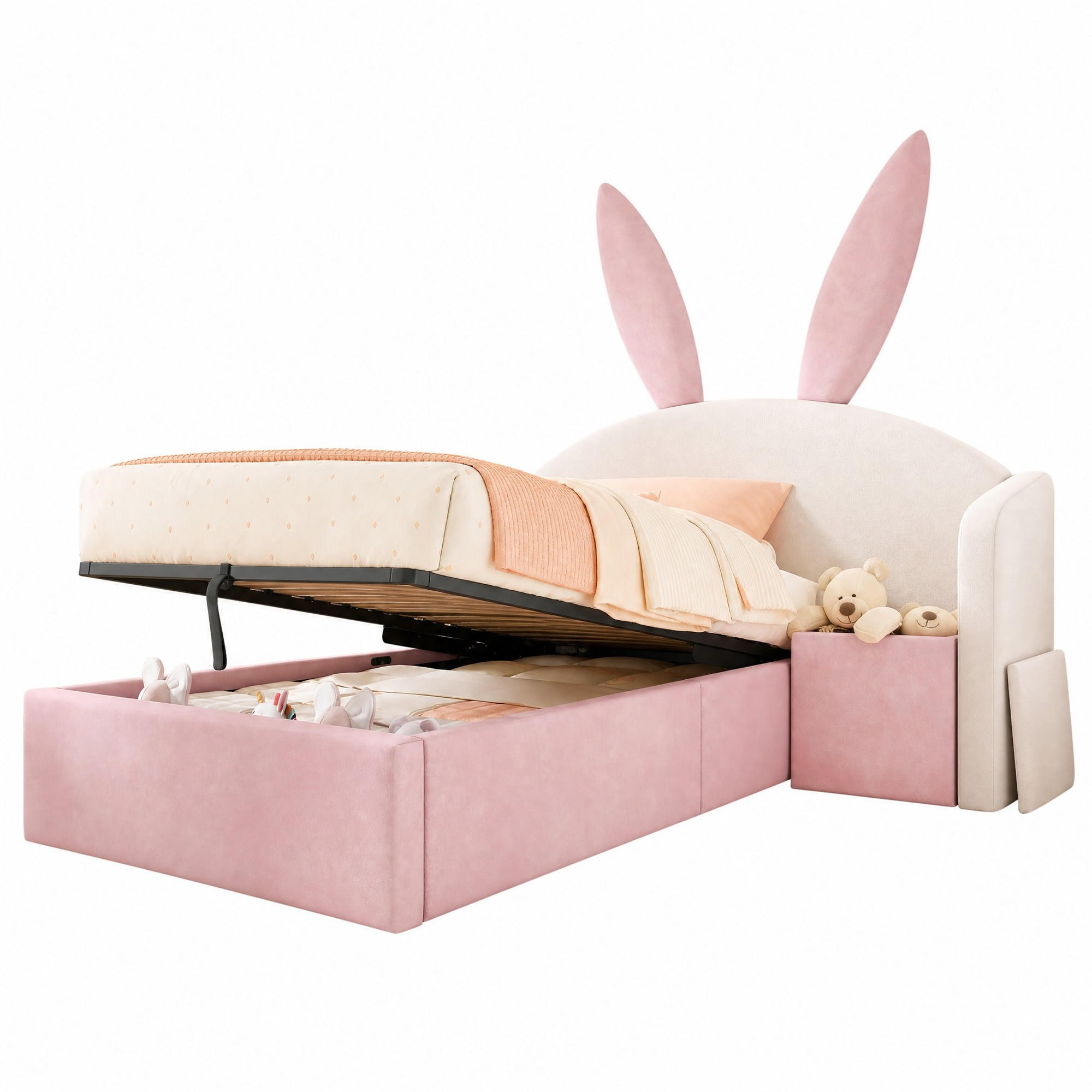 KINDERBETT 90/190 cm in Beige & Rosa Samt mit Bettkasten und Nachttisch - Beige/Rosa, Holzwerkstoff/Textil (90/190cm) - CHICFURN