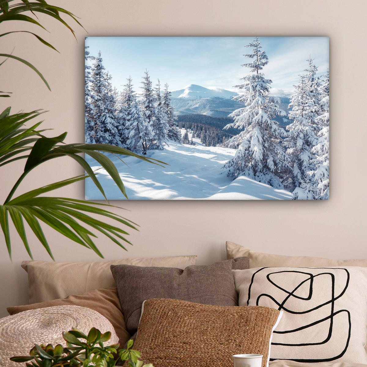 LEINWANDBILD Winterlandschaft - Natur - Berge - Bäume - Schnee Wanddeko 90x60 cm - Hellblau, Textil (90/60cm) - MuchoWow