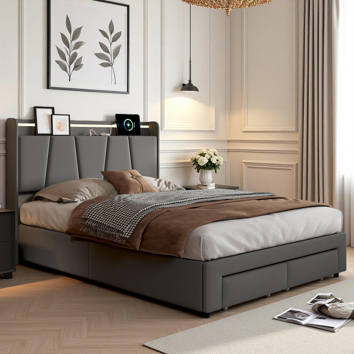 POLSTERBETT 140x190 cm LED USB Stauraum Lattenrost dunkelgrau - Grau, Holz (140/190cm) - Fortuna Lai