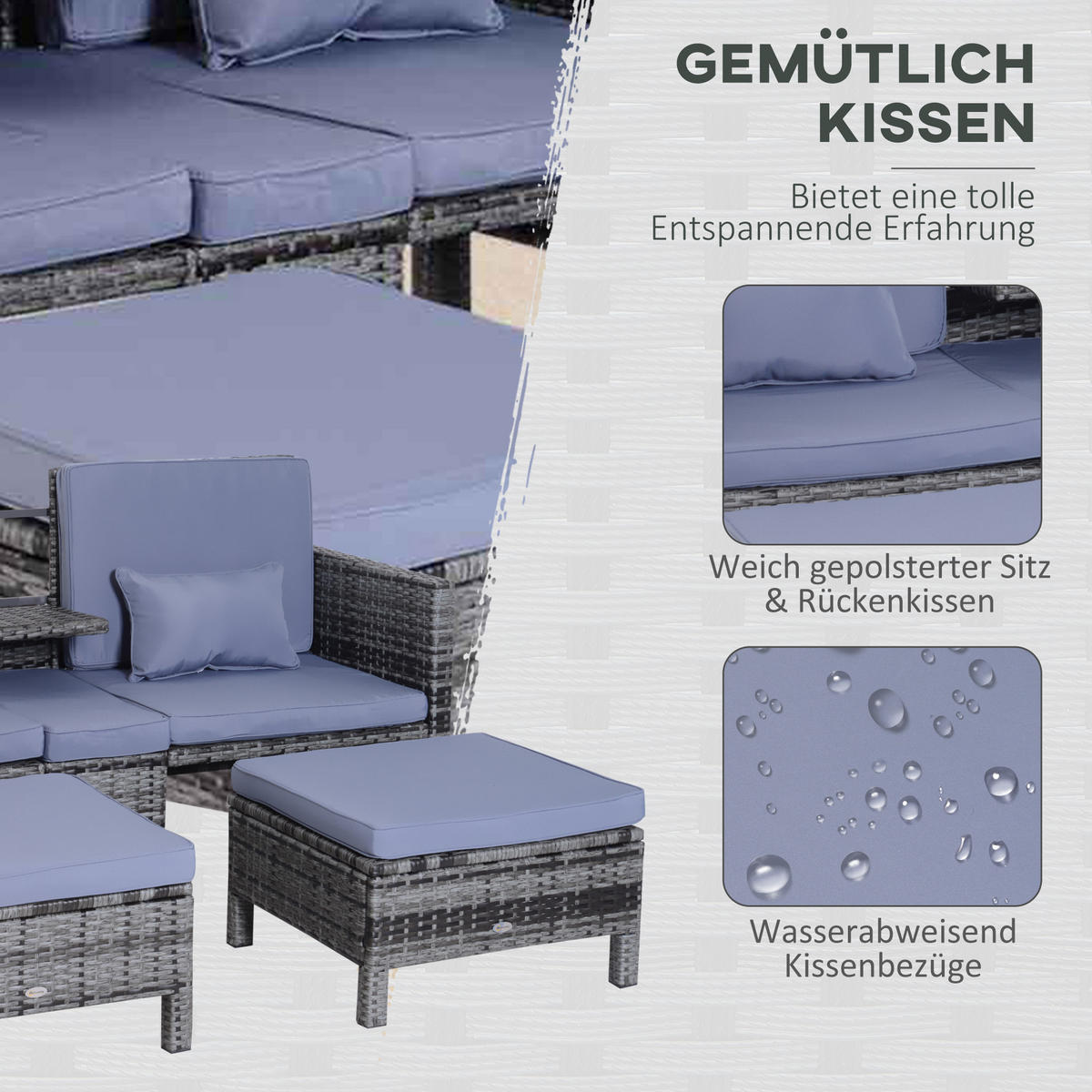 GARTENSET Grau Polyrattan + Metall 2er-Sofa 2 x Hocker Kissen - Grau, Kunststoff - Outsunny