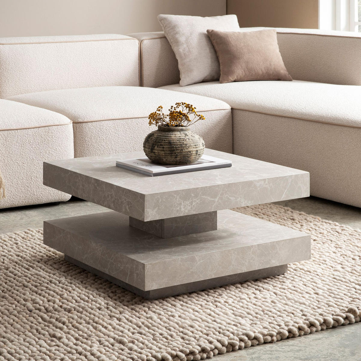 COUCHTISCH in Stein-Optik mit Stauraum, Modernes Design, Quadratisch, Beige 60x60x34 cm - Beige, Holzwerkstoff (60/60/34cm) - KADIMA DESIGN