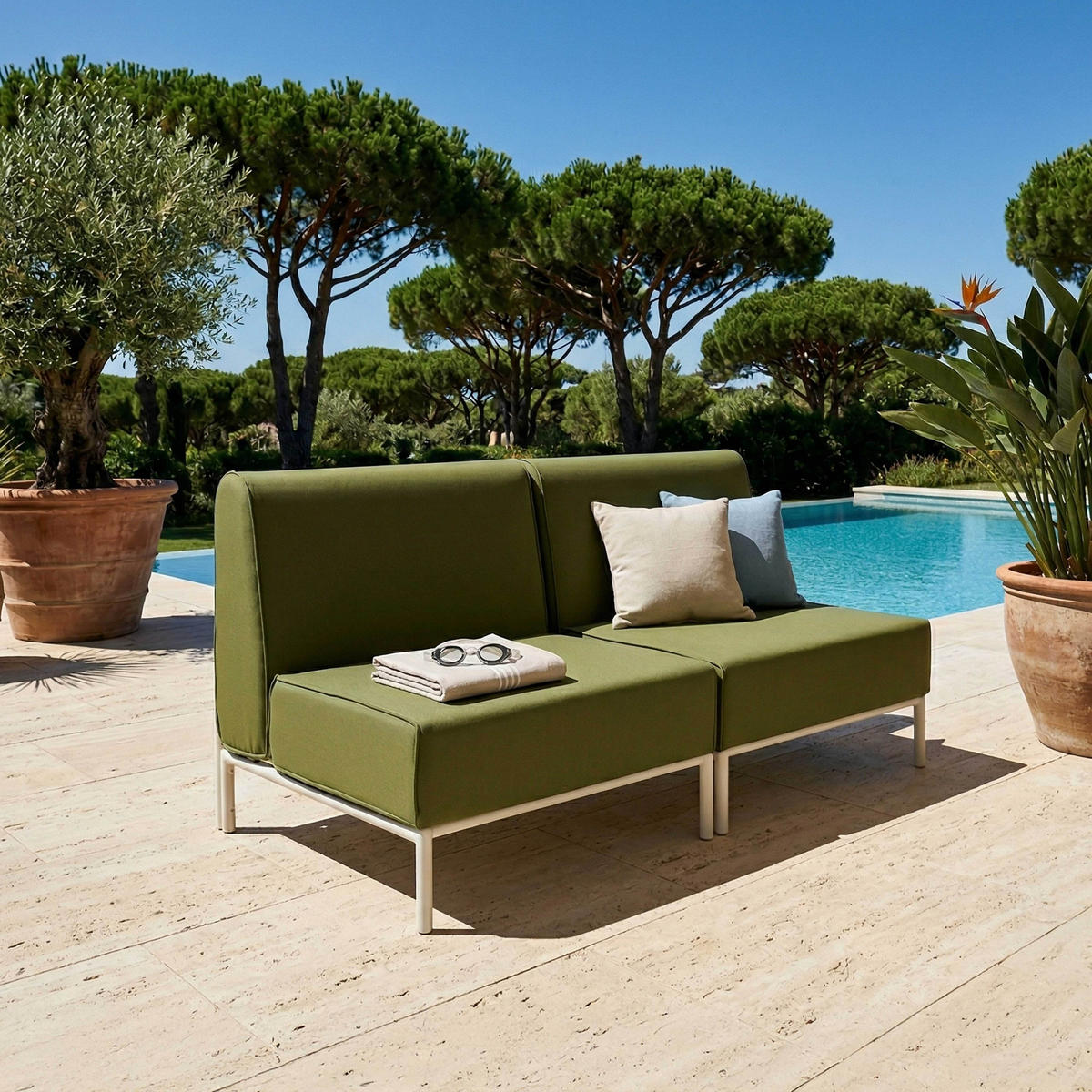 GARTENSOFA mit 2 Sitzplätzen, Khakigrün - Grün, Textil (80/78/144cm) - Oviala