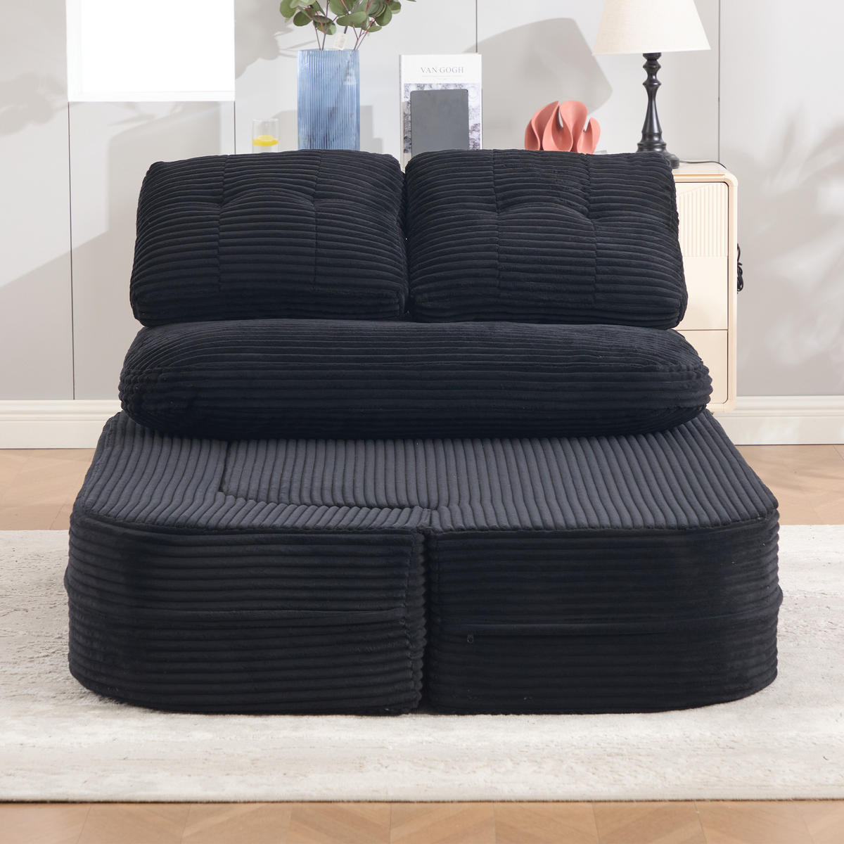 SOFA it Liegefunktion aus Cord mit verstellbaren Armlehnen und Getränkehaltern in Schwarz - Schwarz, Textil (165/61/97cm) - EVRYAE