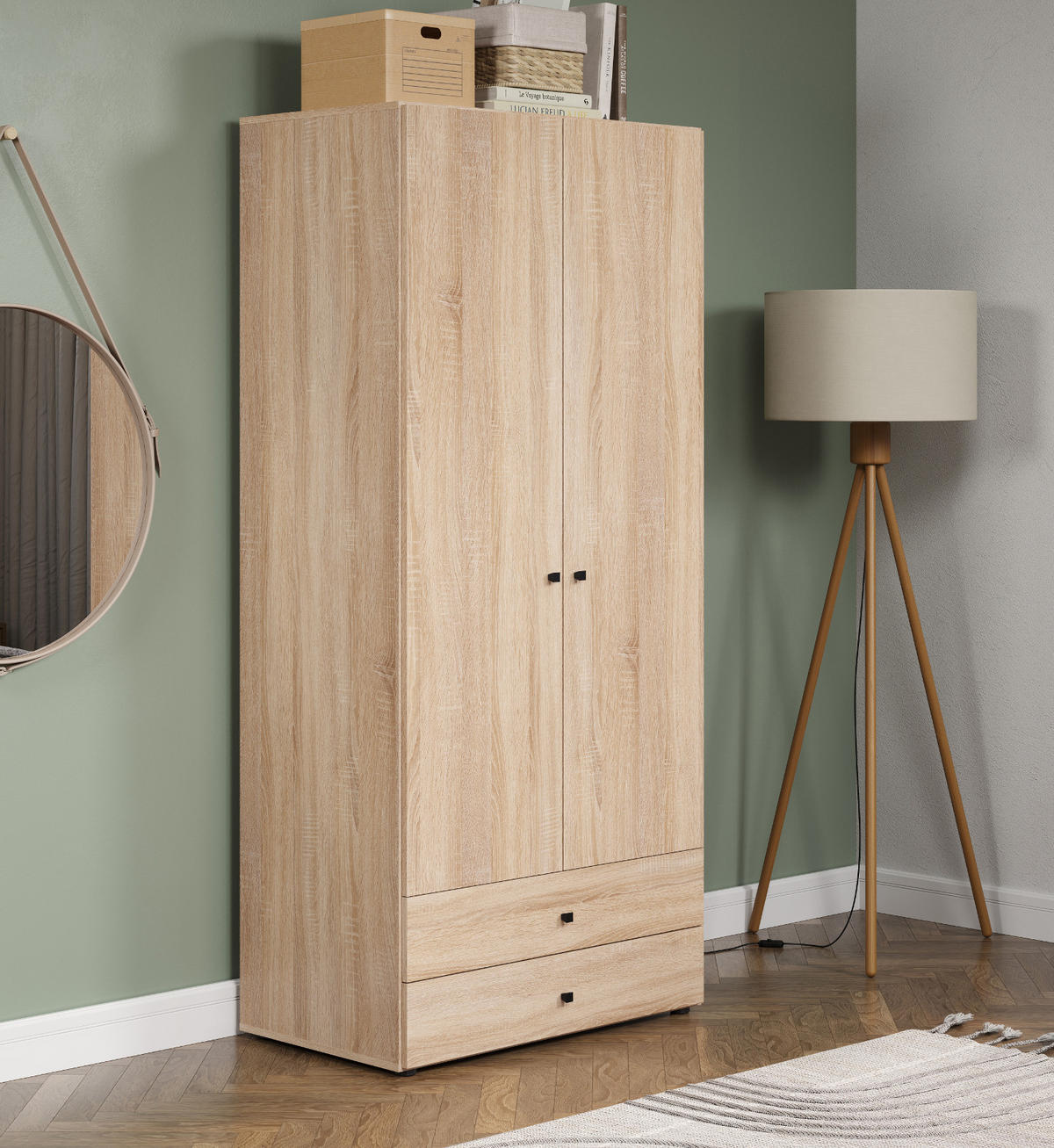 KLEIDERSCHRANK Eiche Sonoma hell 81 x 176 cm, Drehtürenschrank 2-türig mit Schubalden - Schwarz/Sonoma Eiche, Holzwerkstoff/Kunststoff (81/176/51cm) - Top.Furn