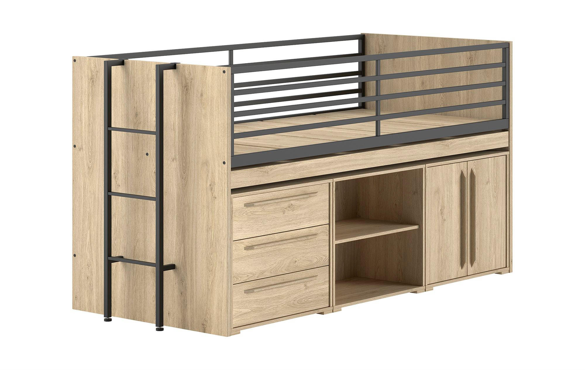 HALBHOCHBETT 90x200 Keelia Eiche mit Schreibtisch Stauraum Set - Eichefarben, Kunststoff - 58aufmkessel