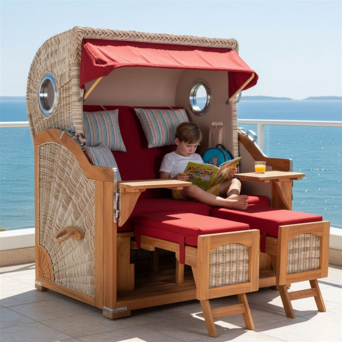 STRANDKORB XXL Düne Grande Teak PE Shell - Rot/Braun, Metall (142/170/95cm) - Mr. Deko