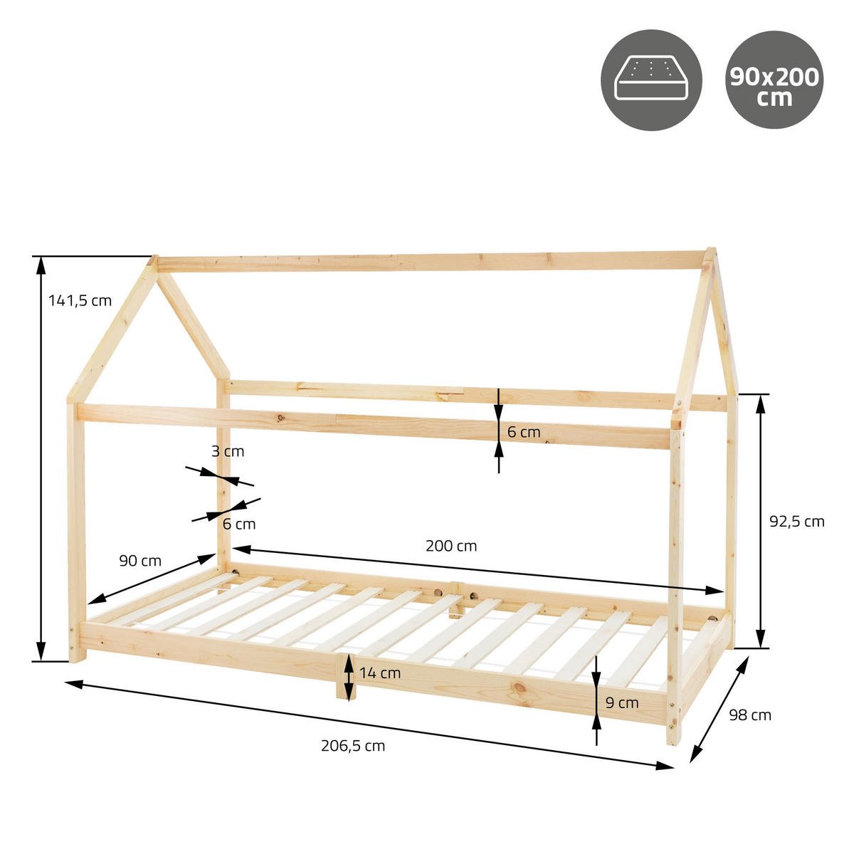 KINDERBETT mit Dach 90x200 cm Natur - Naturfarben, Holz (90/200cm) - ML-DESIGN