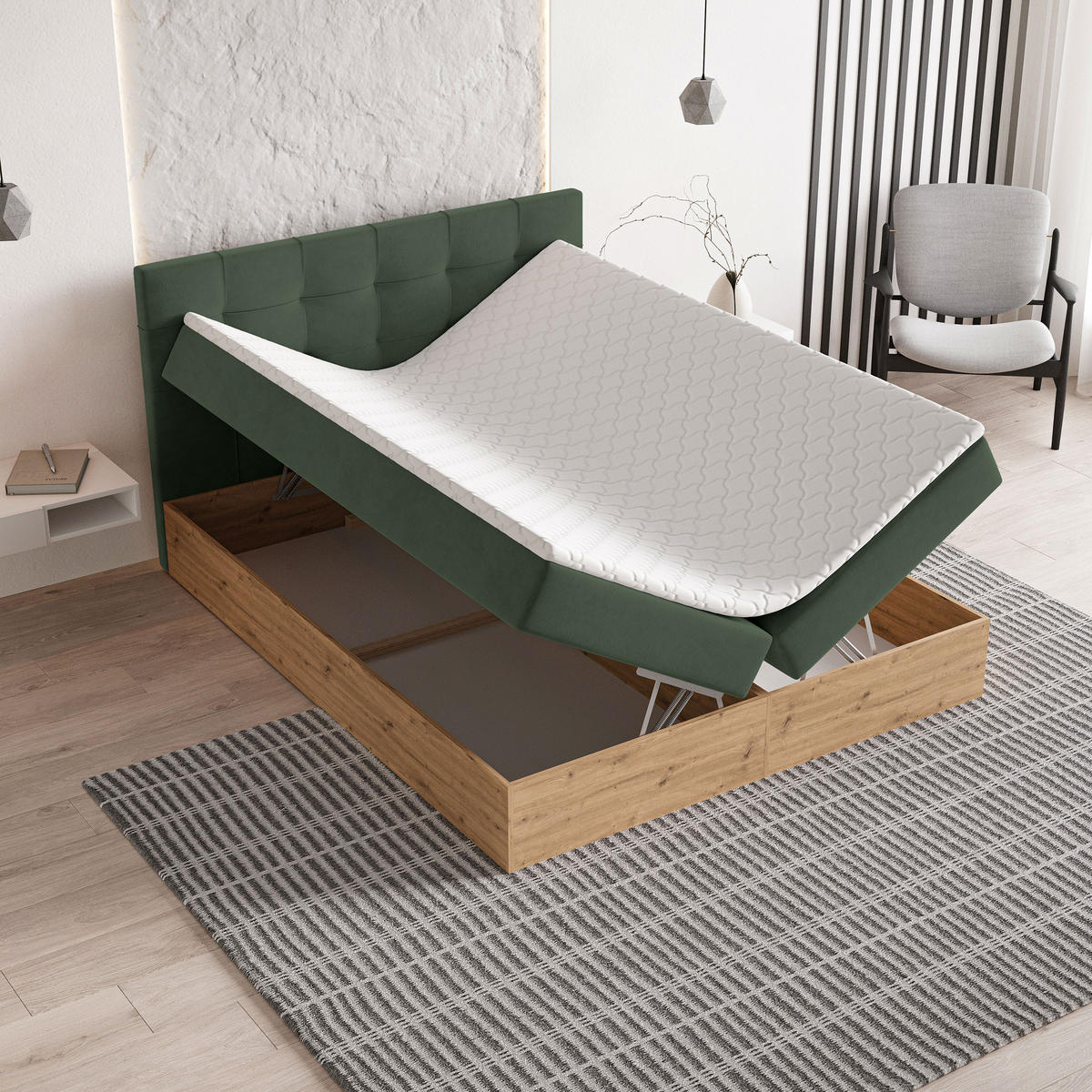 BOXBETT MOLVEN 140x200 cm mit Matratze und Topper - Grün - Grün, Holz (140/200cm) - MASSENO