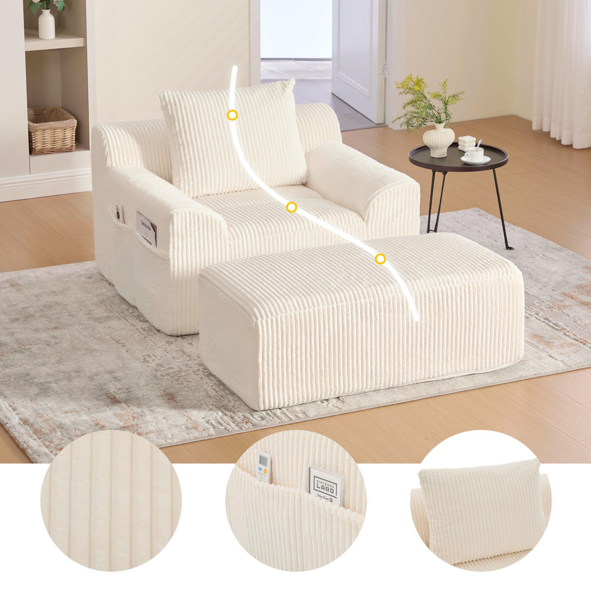 SESSEL aus Cord 147x110x67 cm Beige mit Fußhocker, Seitentaschen und montagefreiem Komfort - Beige, Textil (110/67/147cm) - Modfu