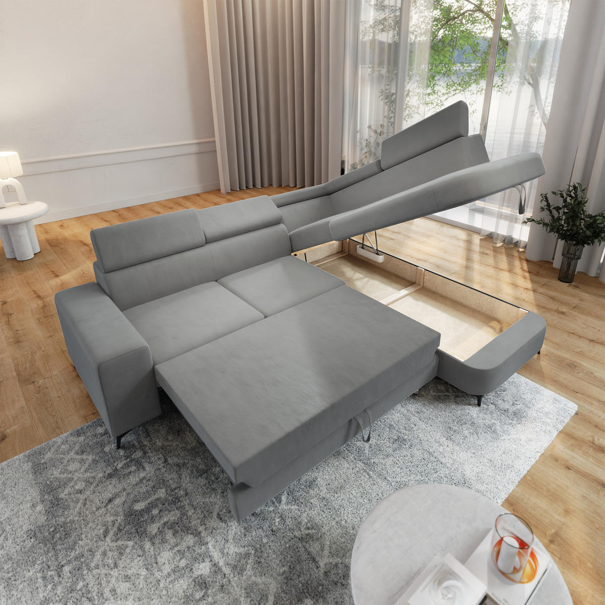 ECKSOFA ALVORO R-S Hellgrau Velours-Stoff mit Schlaffunktion - Hellgrau, Holz (253/190cm) - MASSENO