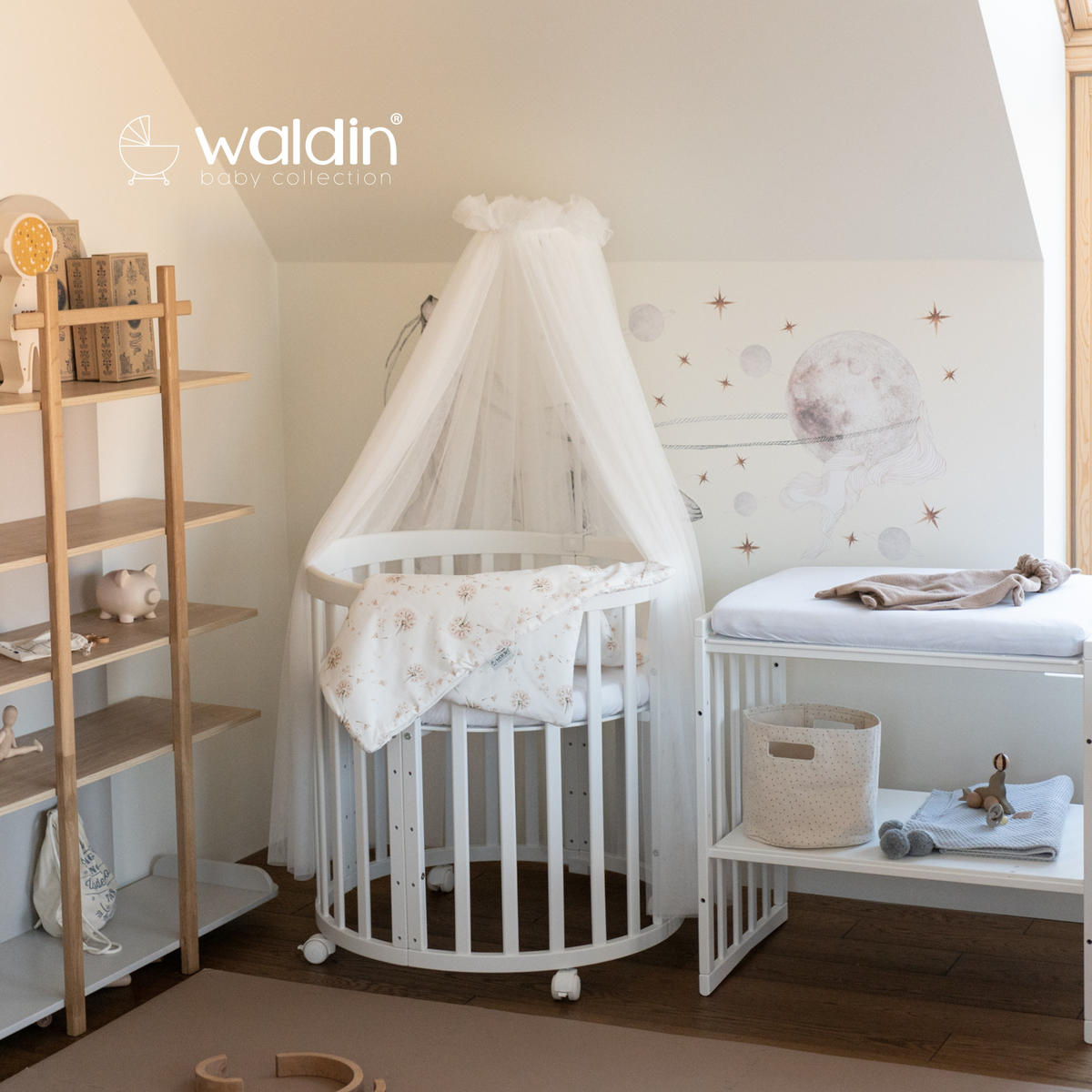 BABYBETT WHITE OVAL 7in1 mit Matratze und Himmelset - Weiß/Braun, Holz/Textil