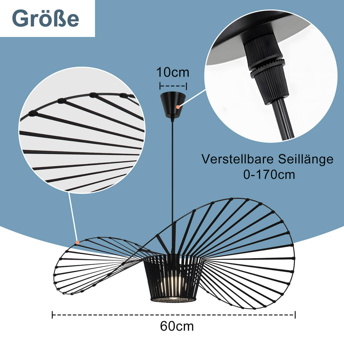 HÄNGELEUCHTE Strohhut 60/60/150 cm - Schwarz, Metall (60/60/150cm) - Nettlife
