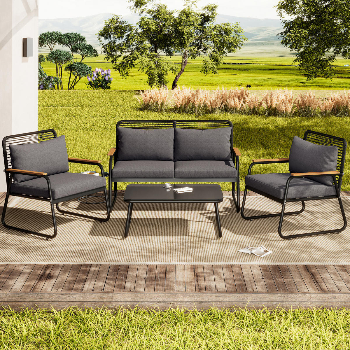 GARTEN-LOUNGE-SET mit Metallgestell & Glastisch, 118/65/78 cm + 2/ 63/65/78 cm, Schwarz - Schwarz, Metall - Redom