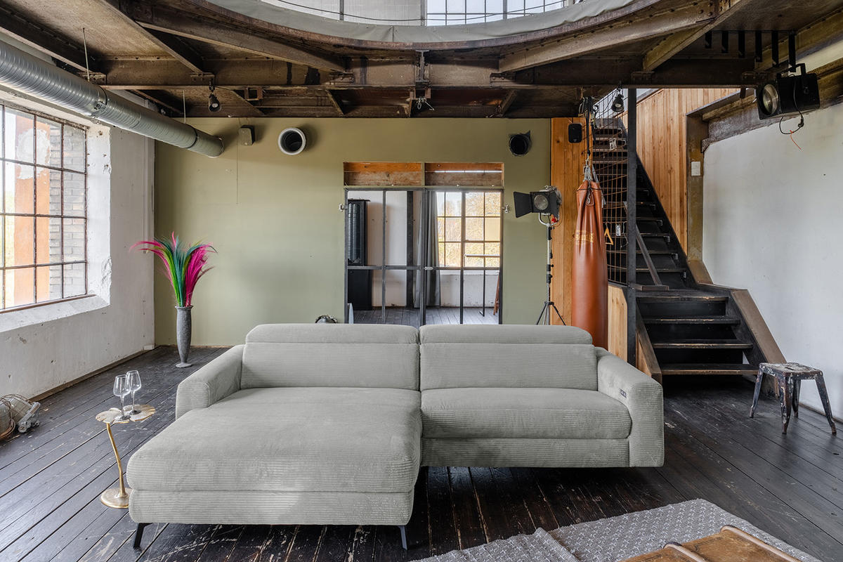 ECKSOFA LAISKA Hellgrau Cord Relaxfunktion - Hellgrau/Schwarz, Textil/Metall (282/177cm) - KAWOLA