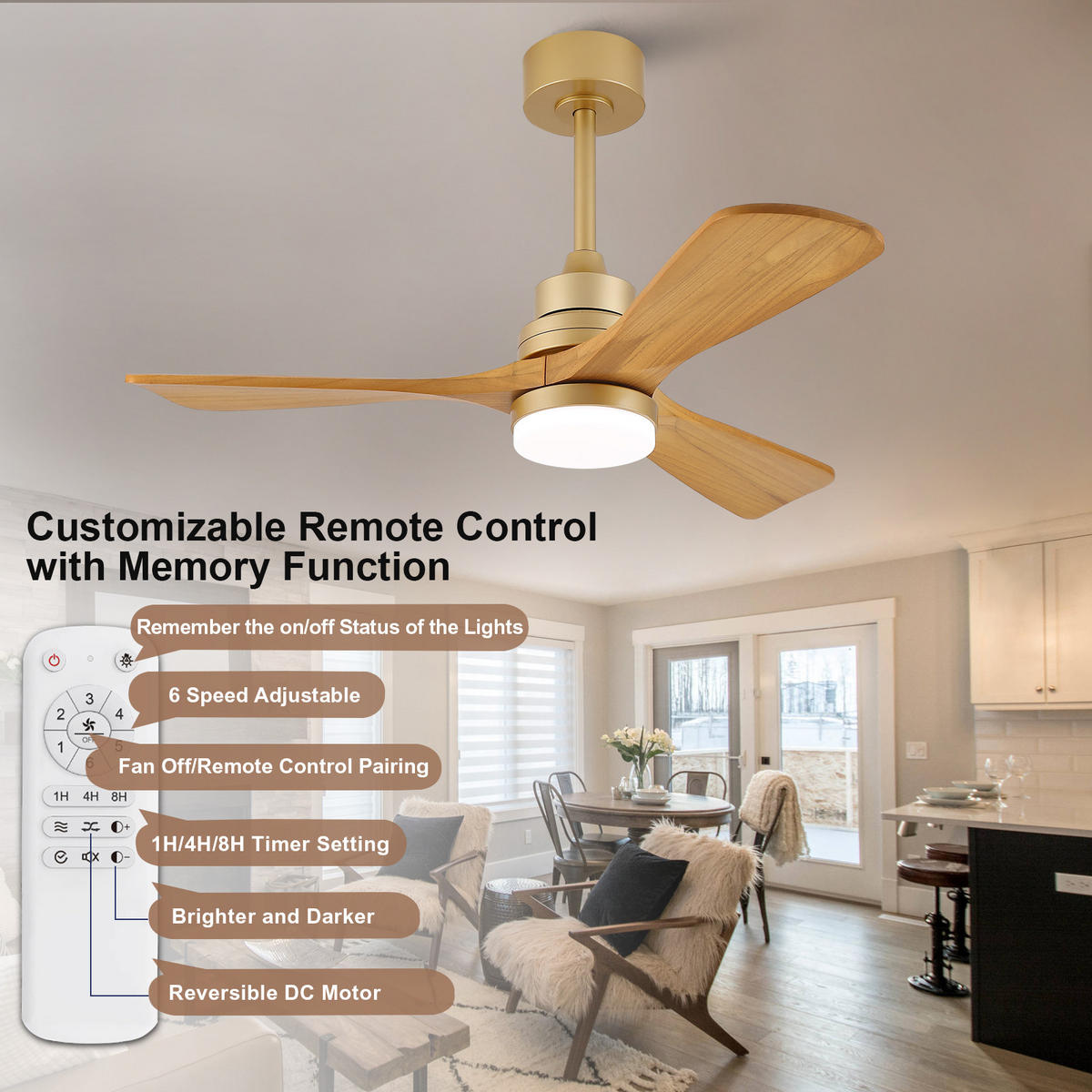 DECKENVENTILATOR 42Zoll Holz LED Licht Gold 3 Flügel Fernbedienung - Braun, Kunststoff (107/107/37cm) - CASIVA