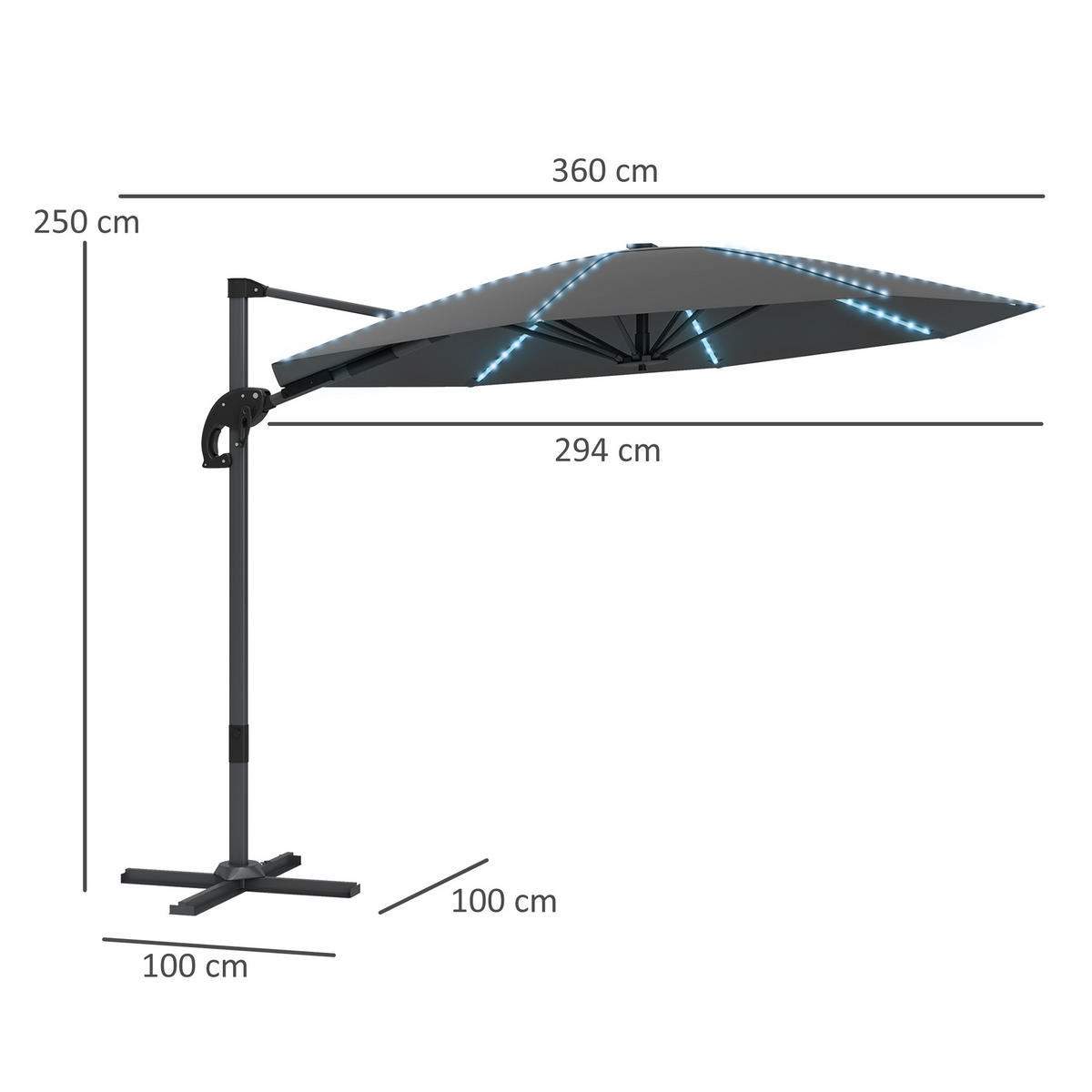 AMPELSCHIRM DE-05688 LED Solar, höhenverstellbar mit Kurbel Dunkelgrau - Dunkelgrau, Textil/Metall (294/360cm) - ComfortXL