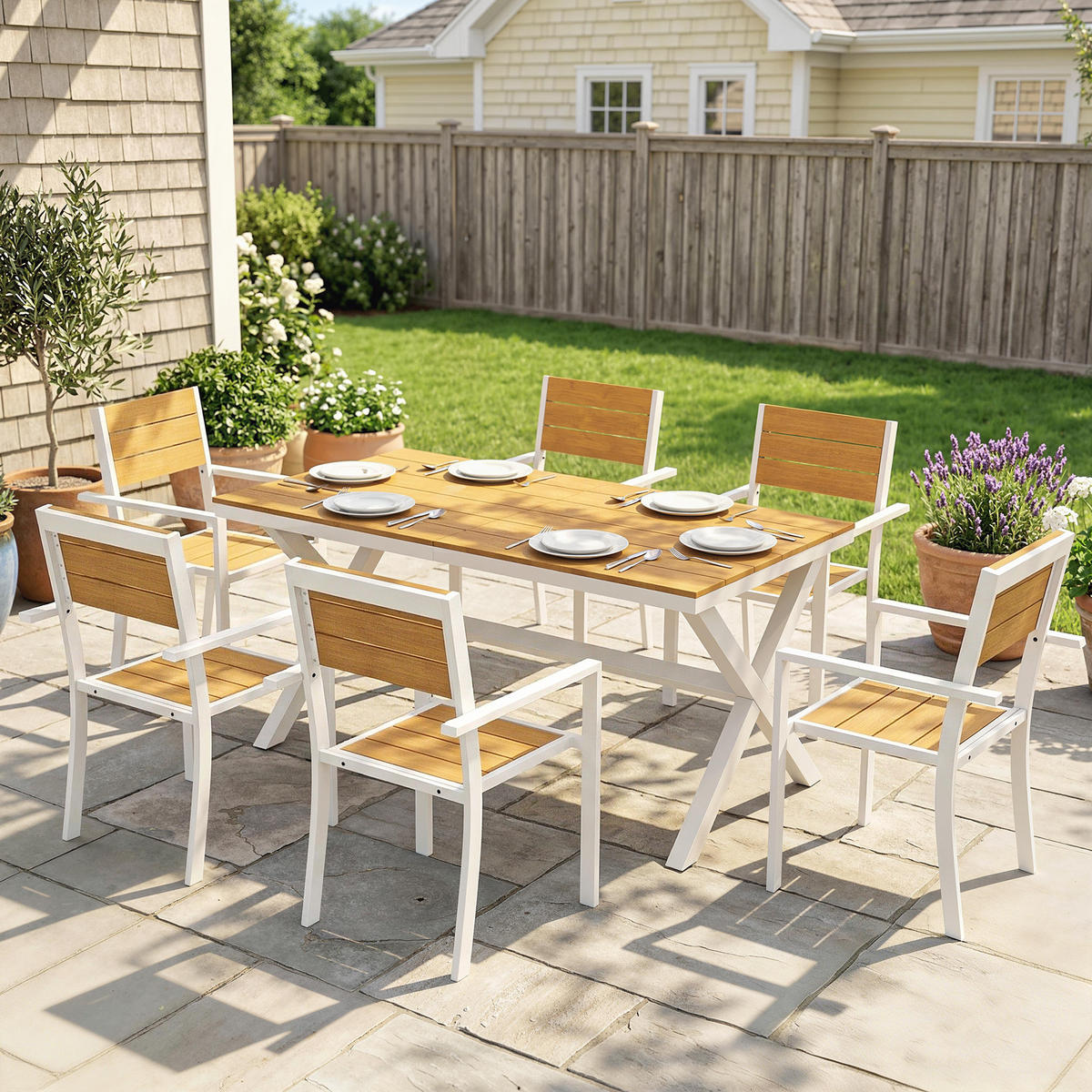 OUTDOOR-ESSGRUPPE 7er Set Aluminium Kunstholz Teak - Weiß, Kunststoff/Metall - Outsunny