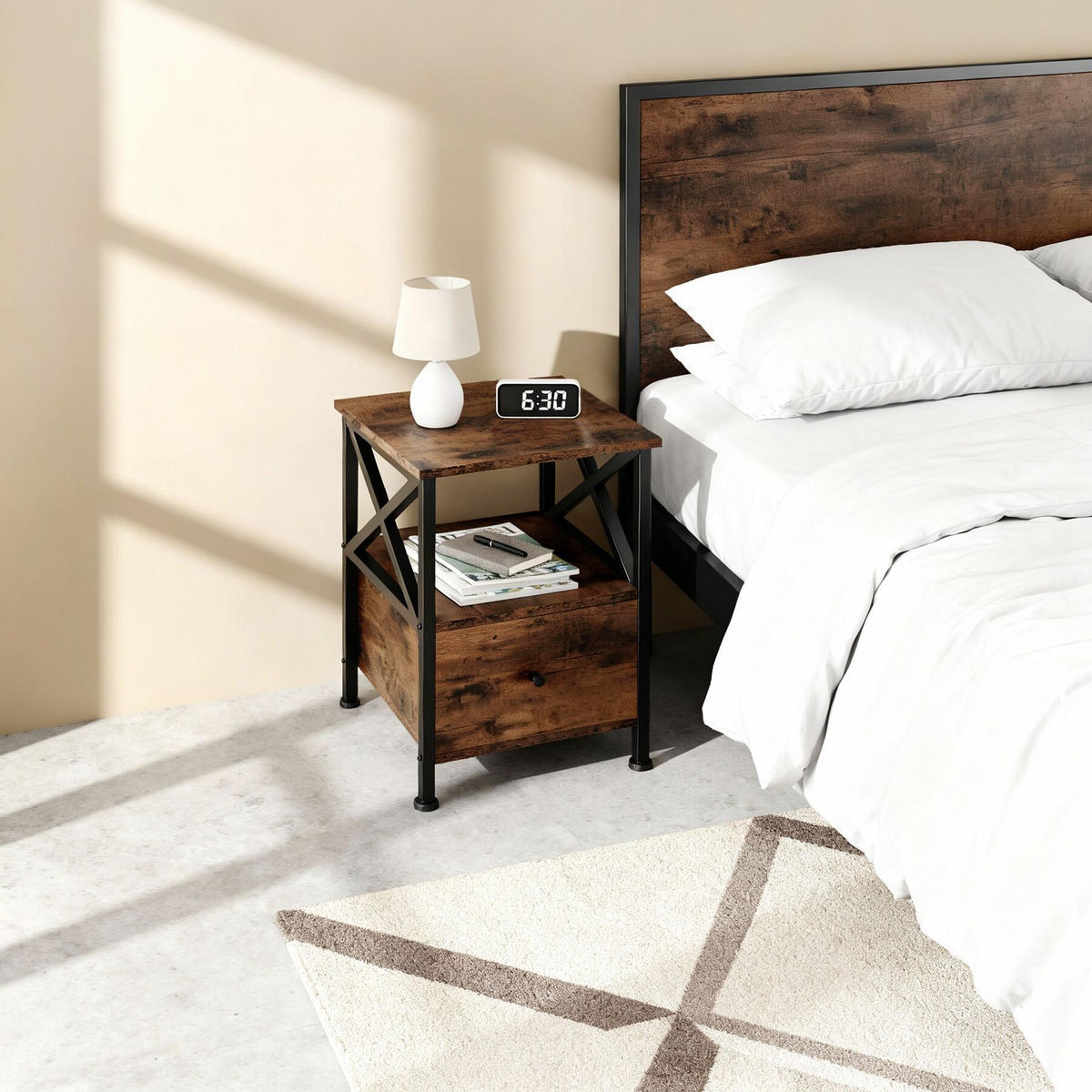 NACHTSCHRANK Falkirk, 40 x 41,5 x 55,5 cm, Industrial Holz dunkel, rustikal - Rostfarben, Holzwerkstoff (40/55.5/41.5cm) - tectake