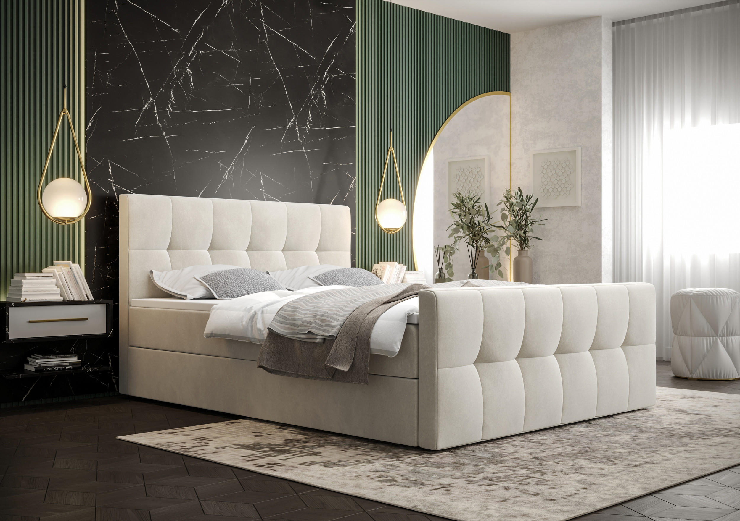BOXBETT MANHATTAN mit Matratze H3, Bonell und Topper 140x200 Monolith 02 - Creme, Holz/Textil (140/200cm) - Bedante