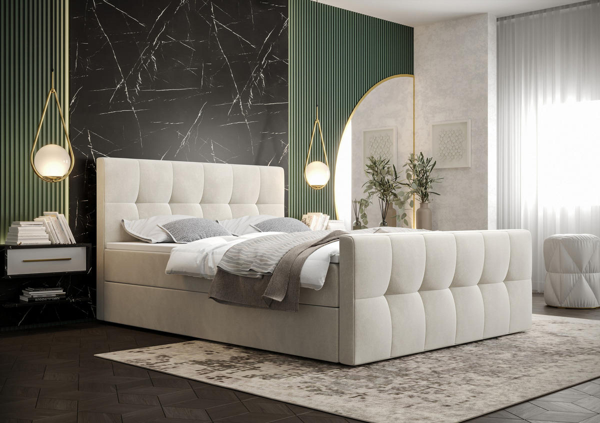 BOXBETT MANHATTAN mit Matratze H3, Bonell und Topper 180x200 Monolith 02 - Creme, Holz/Textil (180/200cm) - Bedante