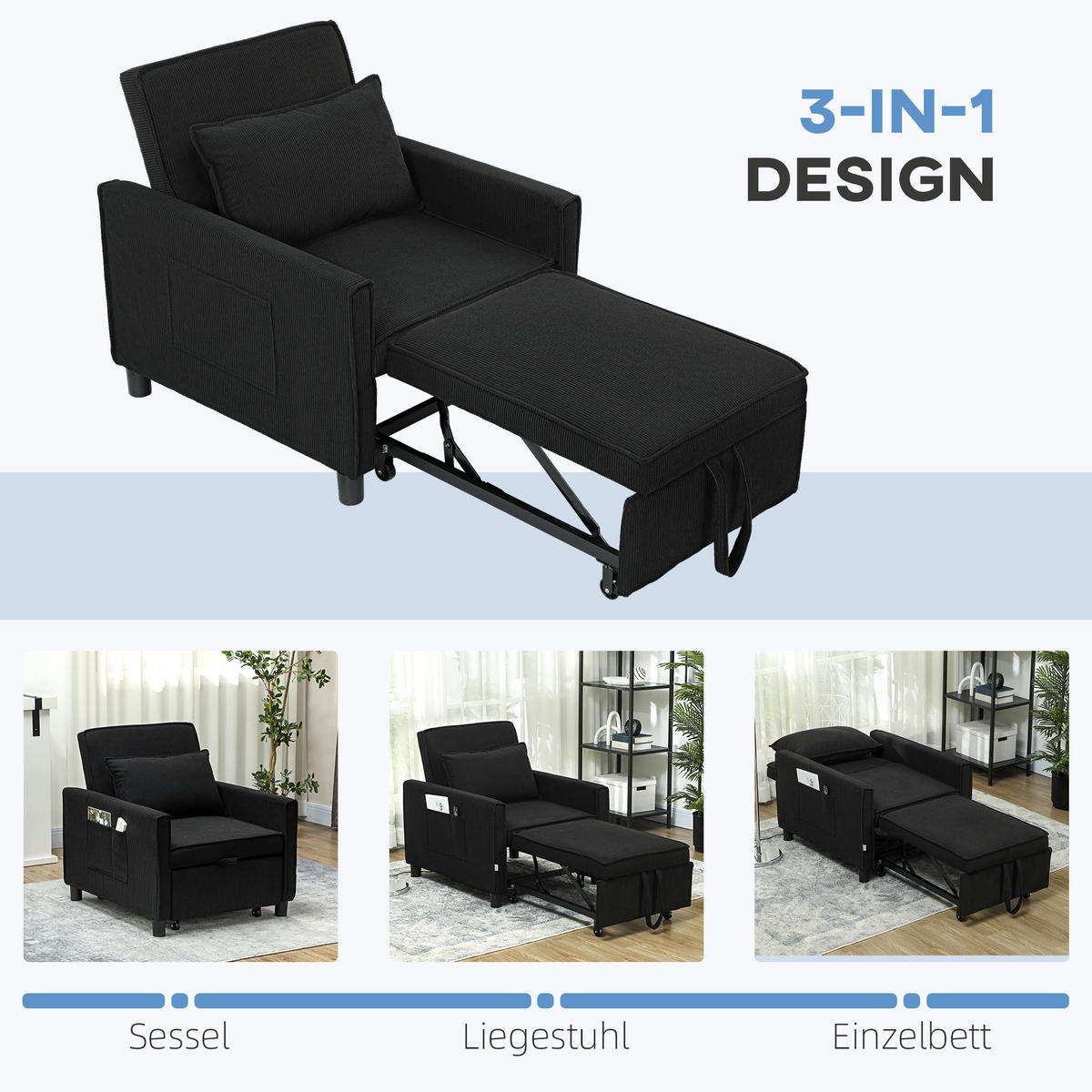 SCHLAFSESSEL, 3-in-1 , Schwarz - Schwarz, Kunststoff (84/81/74cm) - HOMCOM